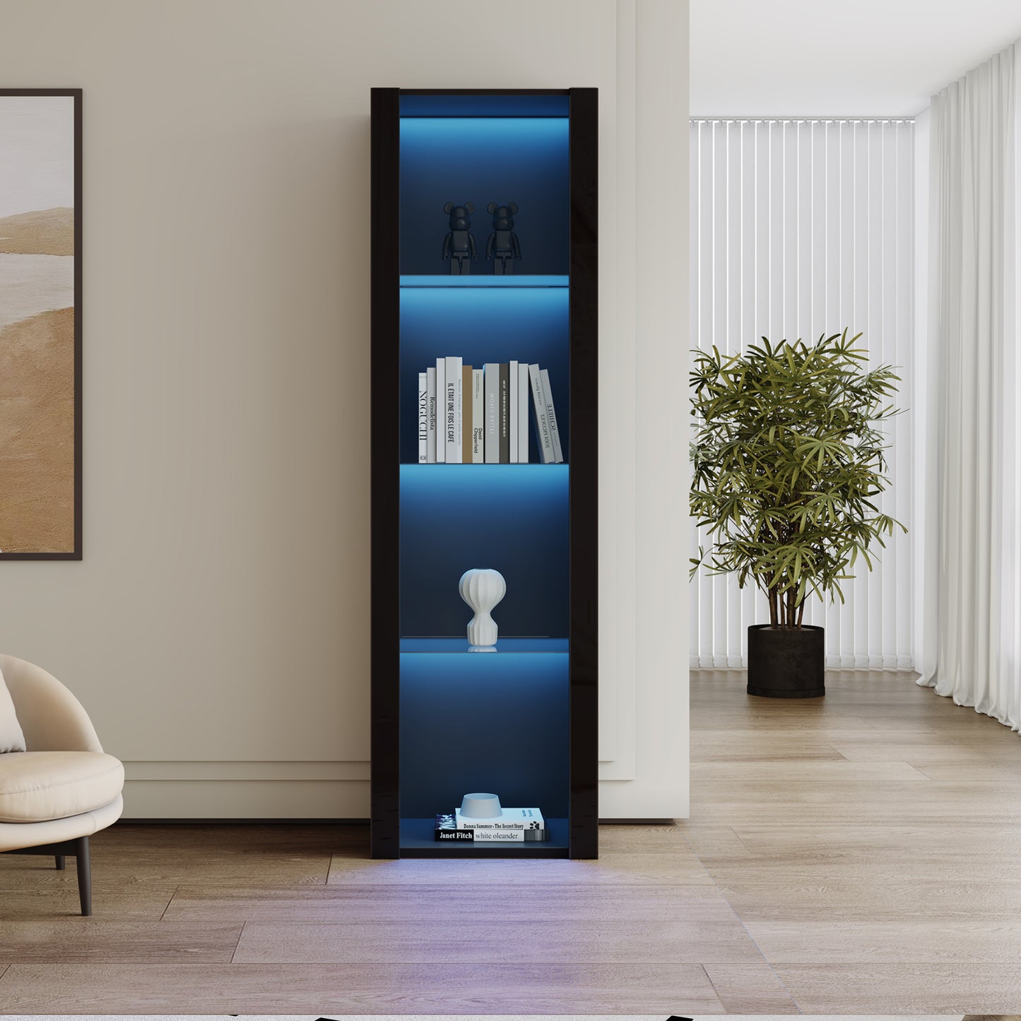 55x38x166cm High-Gloss Display Cabinet with LED Lighting and 3 Glass Shelves