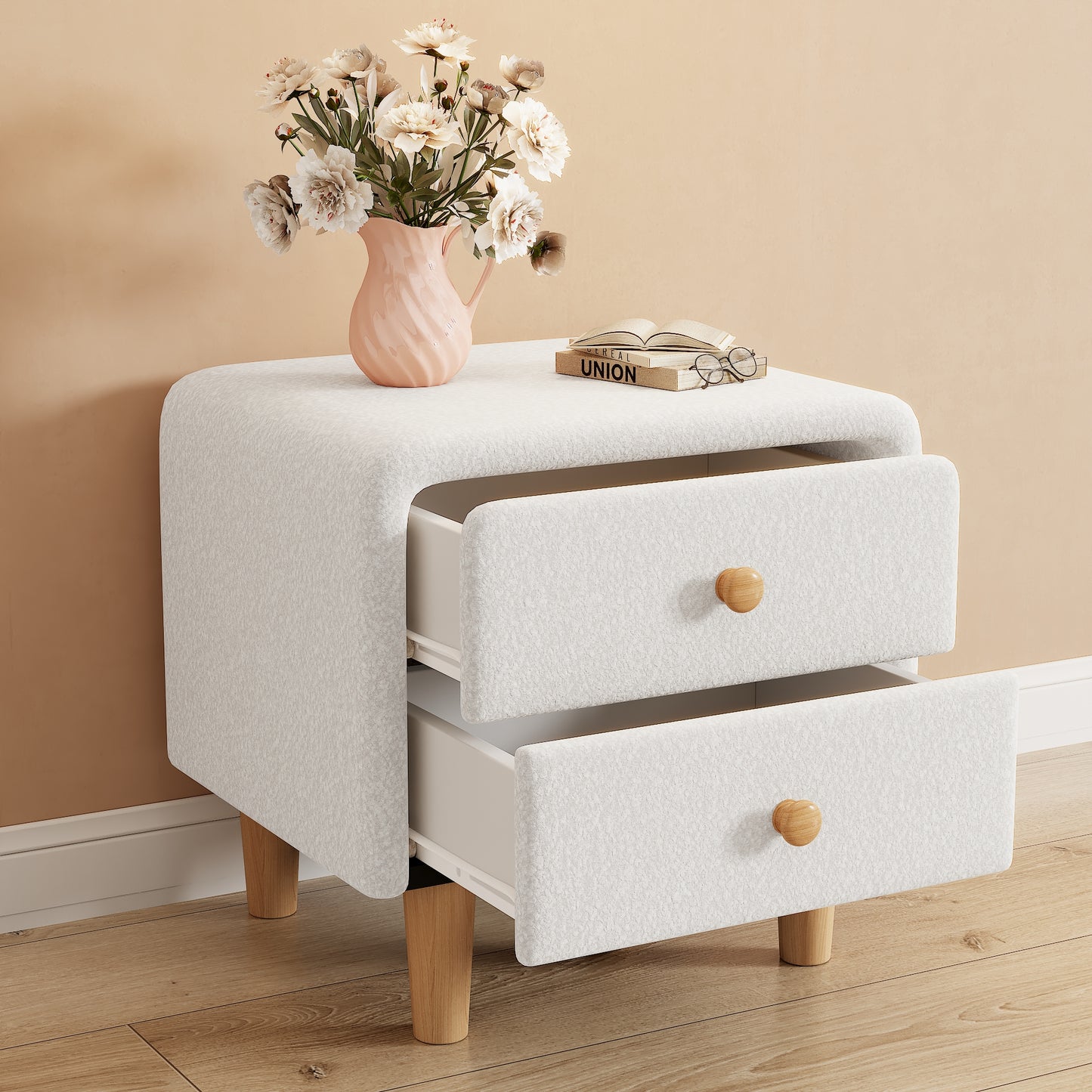 Elegant White Upholstered Bedside Table with Silent Glide Drawers