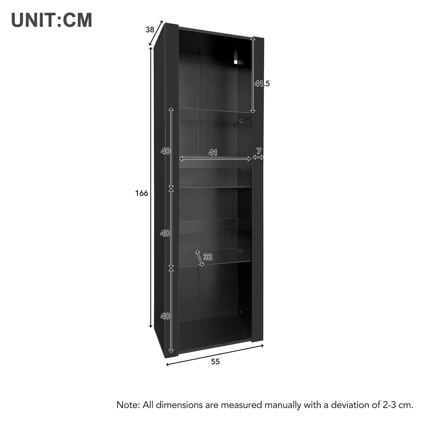 55x38x166cm High-Gloss Display Cabinet with LED Lighting and 3 Glass Shelves