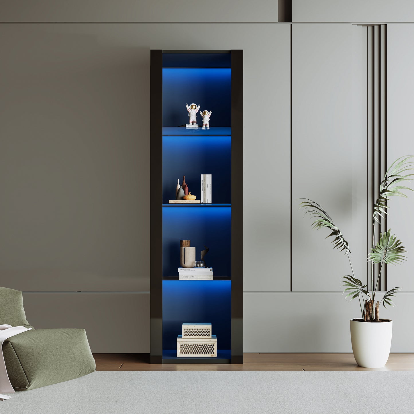 55x38x166cm High-Gloss Display Cabinet with LED Lighting and 3 Glass Shelves