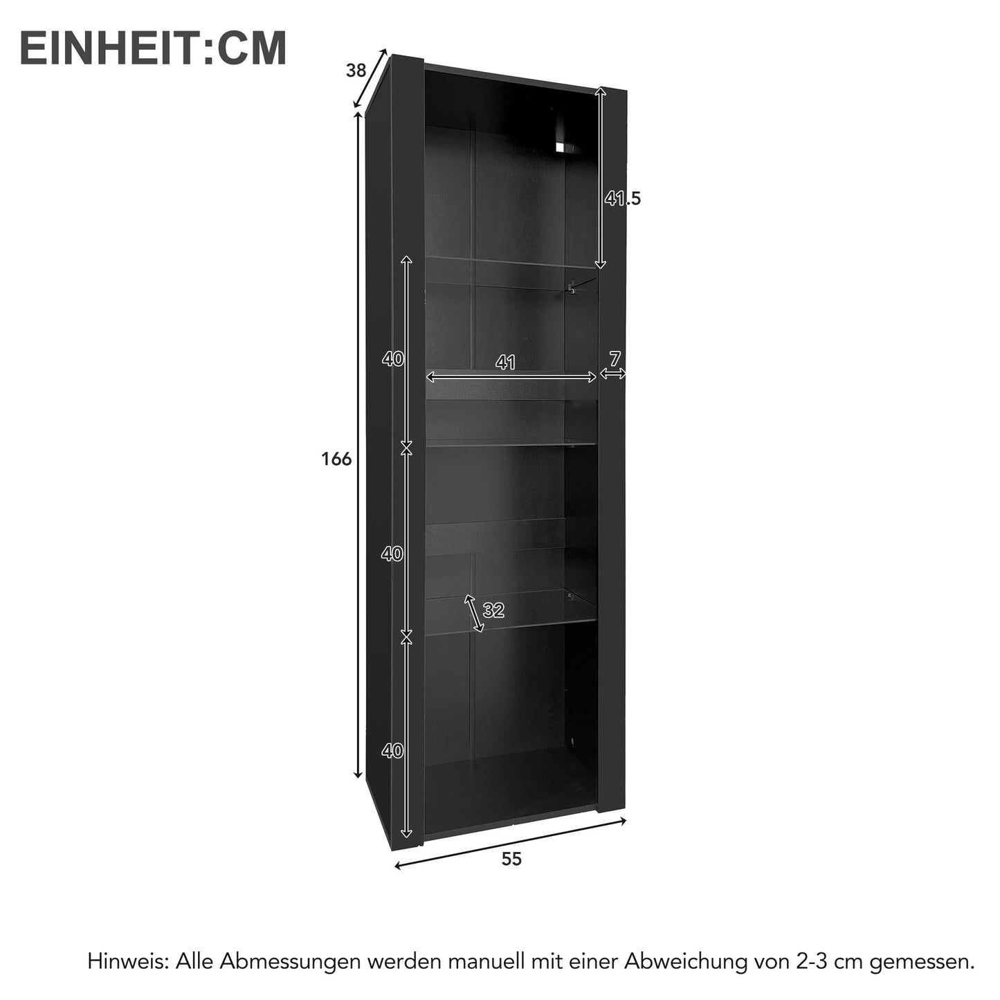 55x38x166cm High-Gloss Display Cabinet with LED Lighting and 3 Glass Shelves