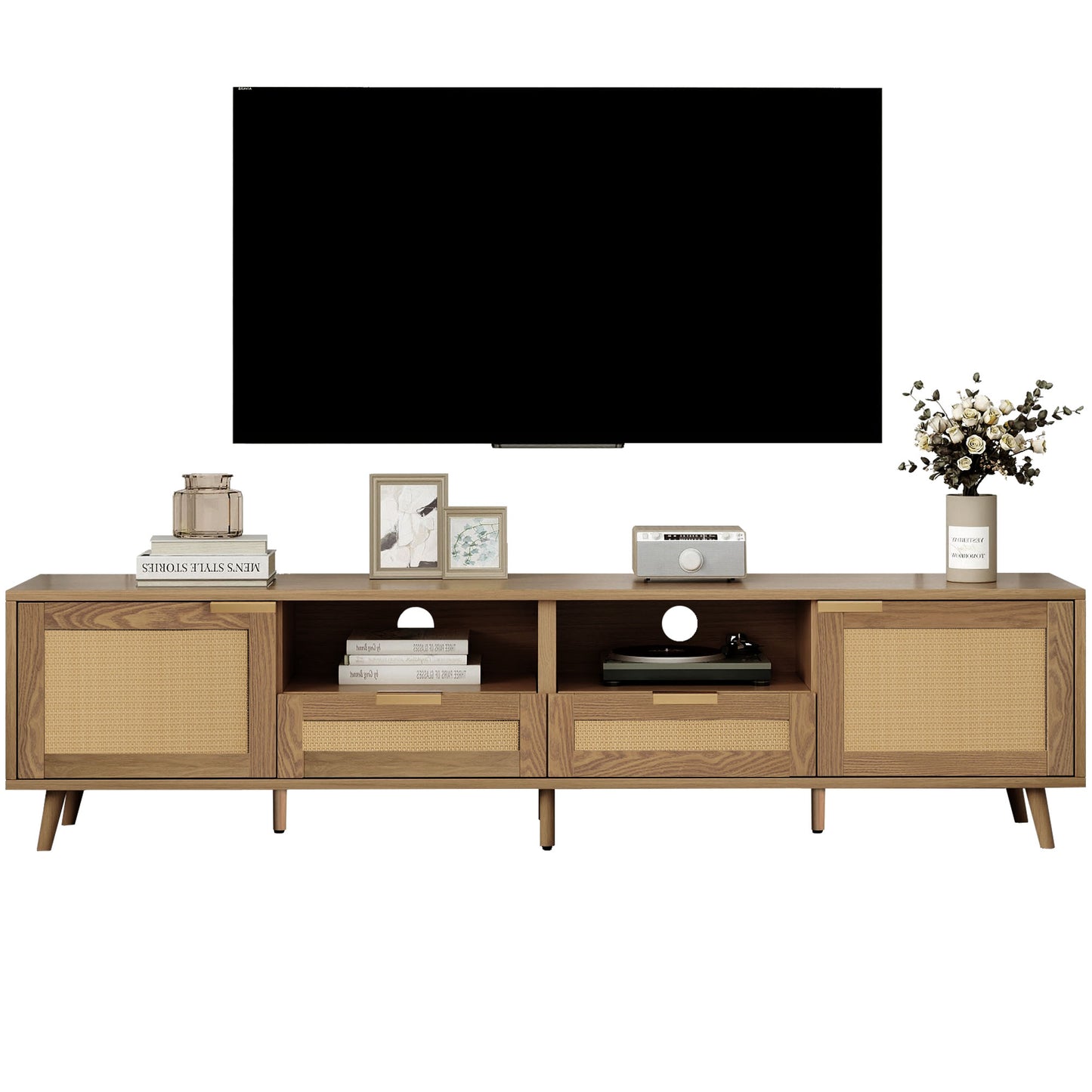 Rattan-Decorated Solid Wood TV Console Table