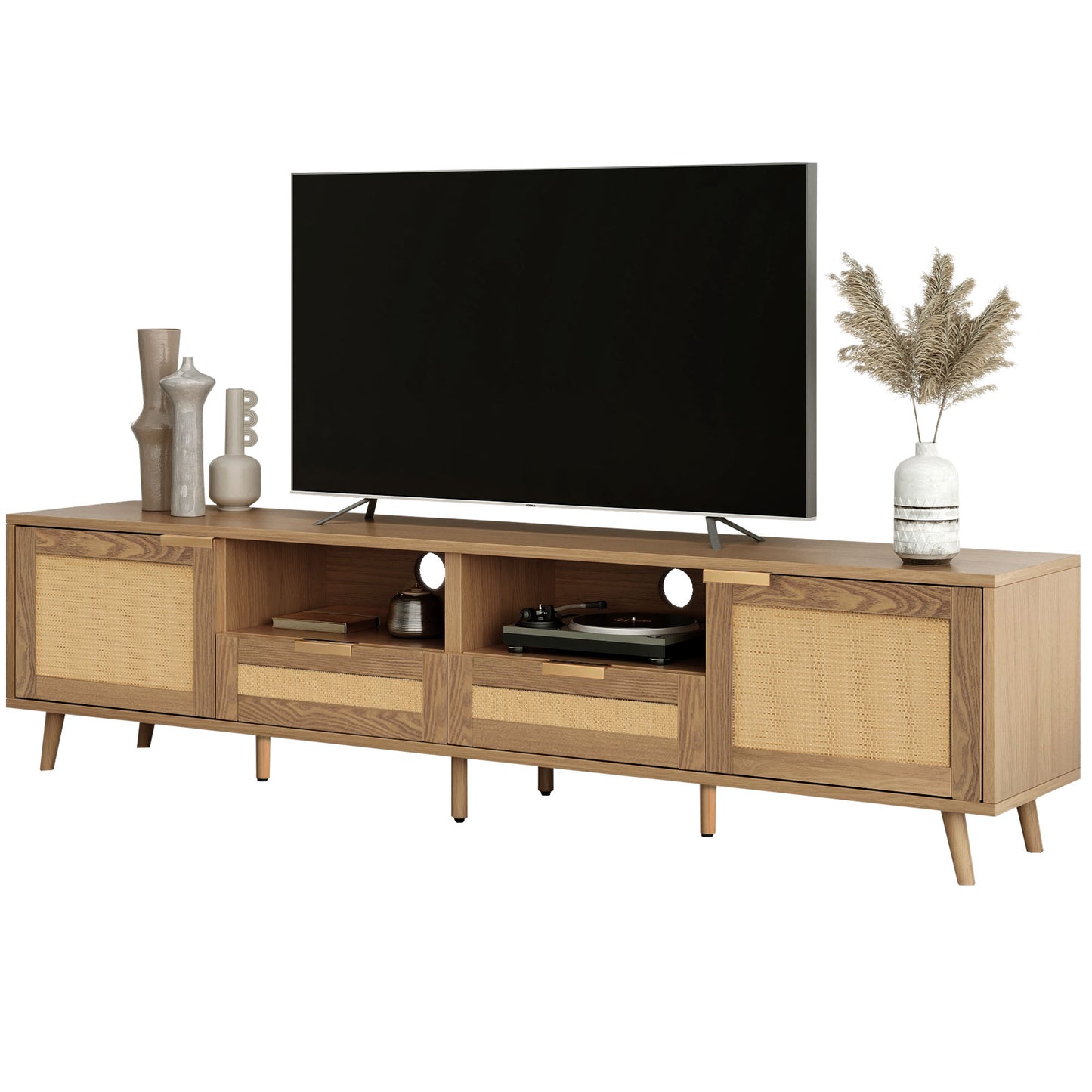 Rattan-Decorated Solid Wood TV Console Table