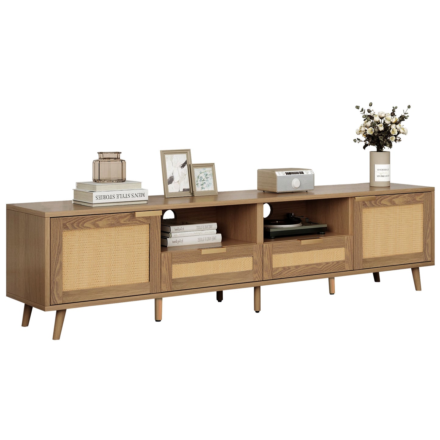 Rattan-Decorated Solid Wood TV Console Table