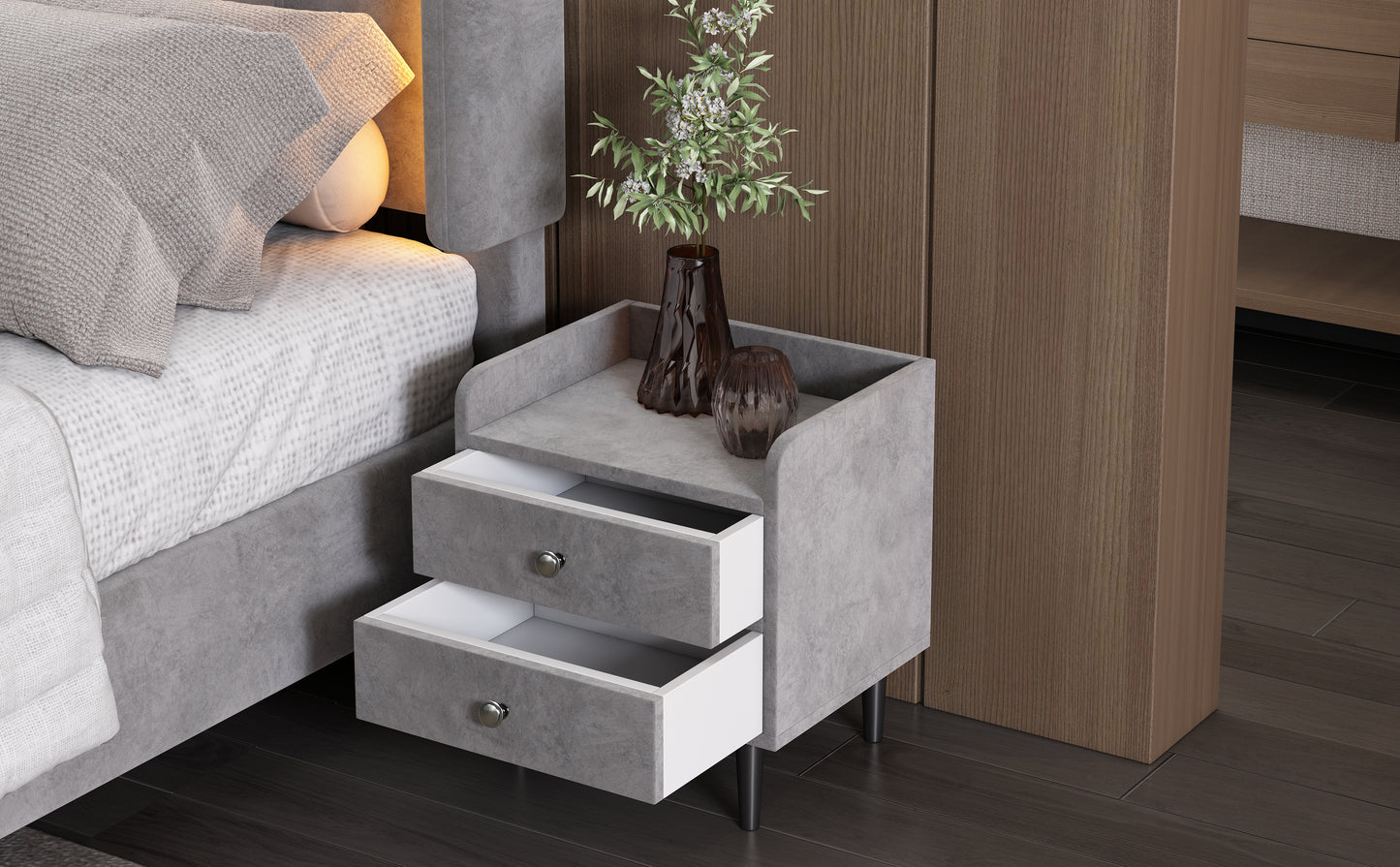 (Z)Modern Grey Velvet Two-Drawer Side Table with Metal Handles for Bedroom and Living Room