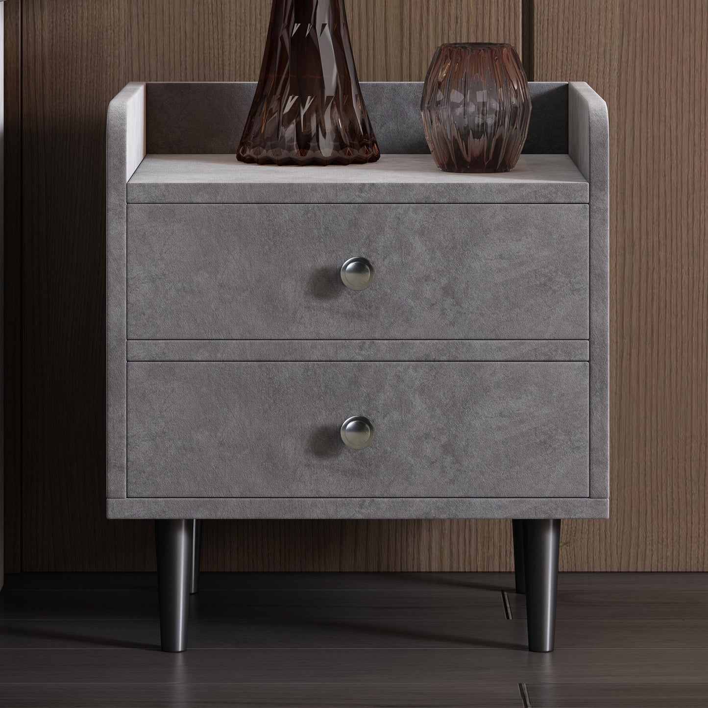 (Z)Modern Grey Velvet Two-Drawer Side Table with Metal Handles for Bedroom and Living Room