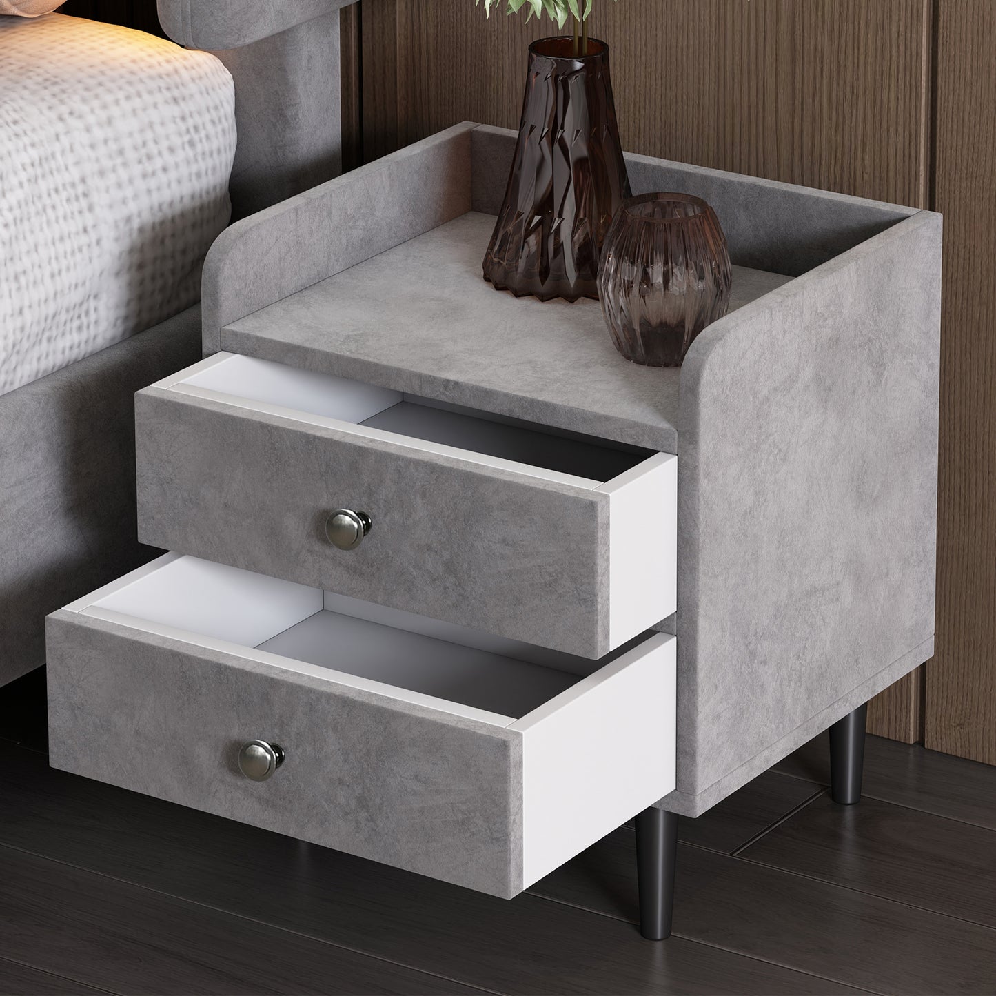 (Z)Modern Grey Velvet Two-Drawer Side Table with Metal Handles for Bedroom and Living Room