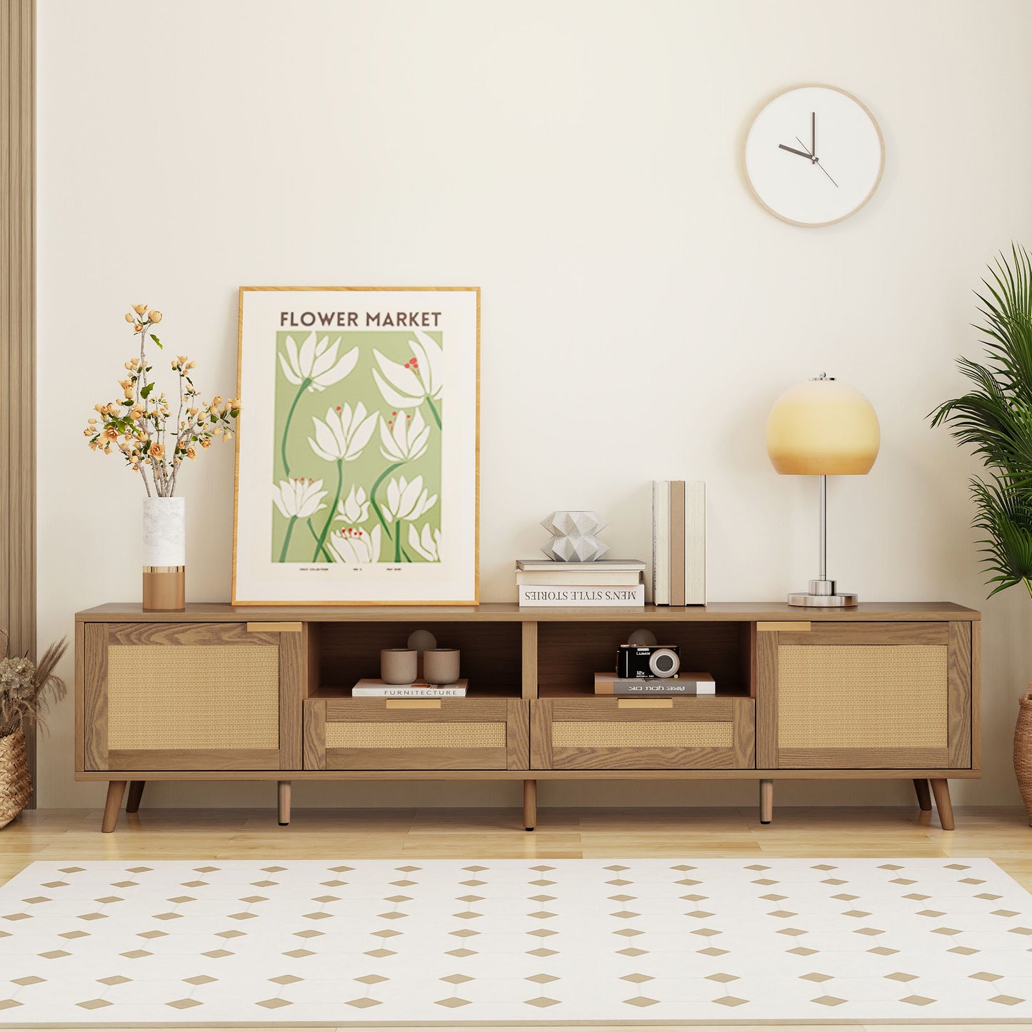 Rattan-Decorated Solid Wood TV Console Table