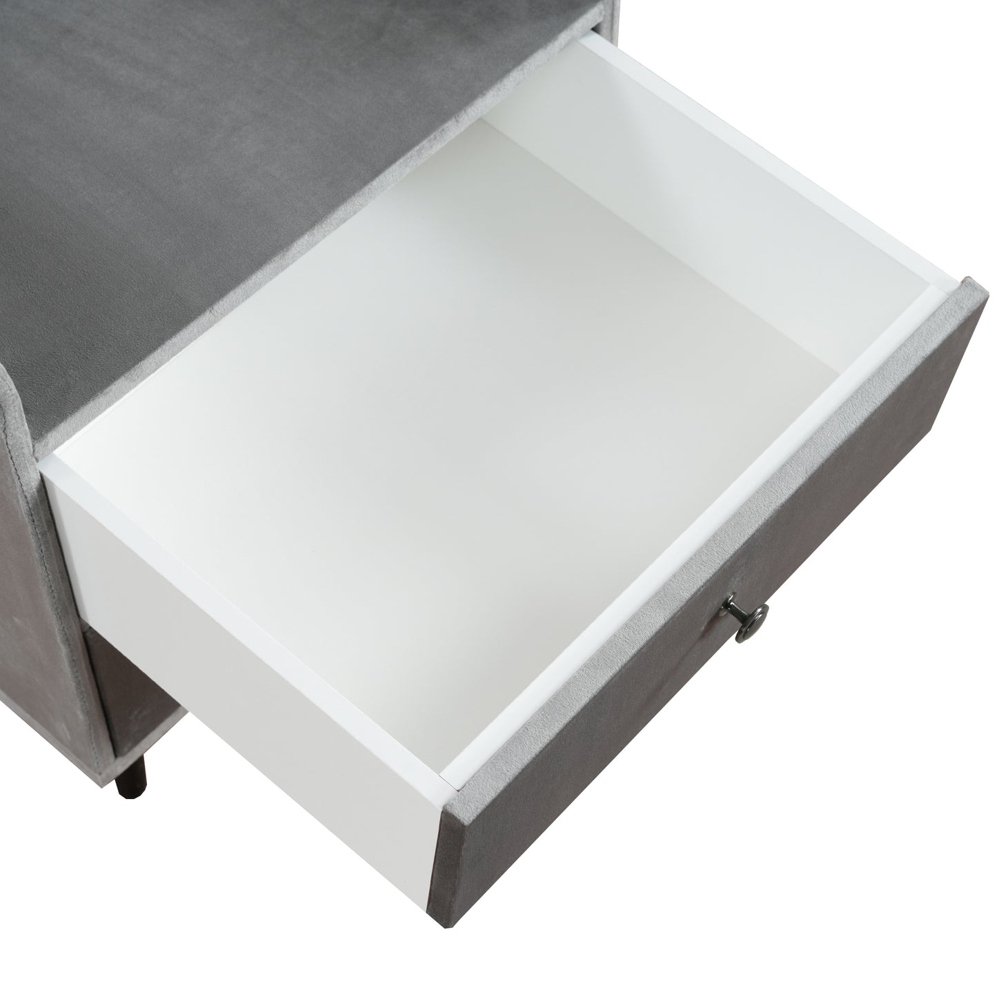 (Z)Modern Grey Velvet Two-Drawer Side Table with Metal Handles for Bedroom and Living Room