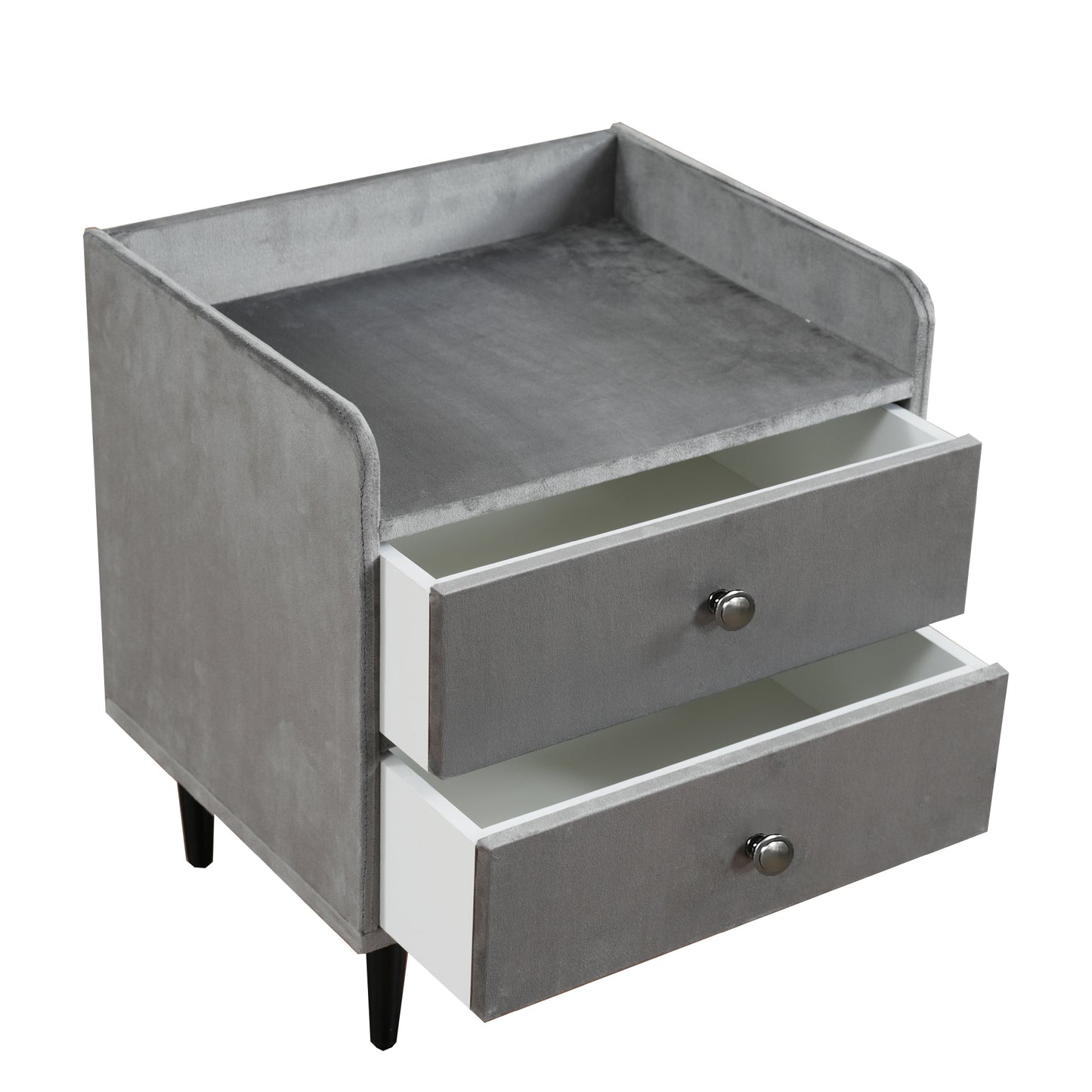 (Z)Modern Grey Velvet Two-Drawer Side Table with Metal Handles for Bedroom and Living Room