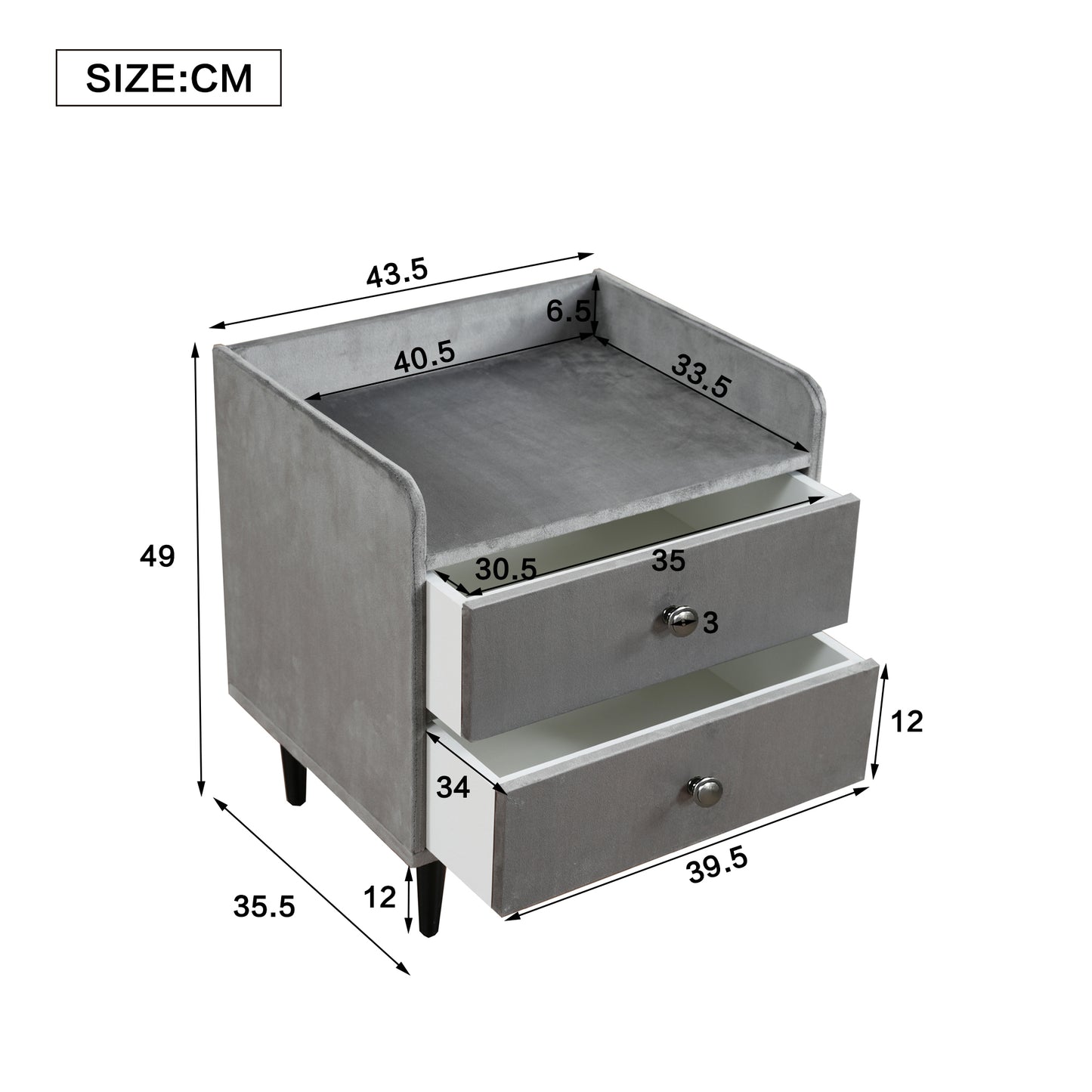 (Z)Modern Grey Velvet Two-Drawer Side Table with Metal Handles for Bedroom and Living Room