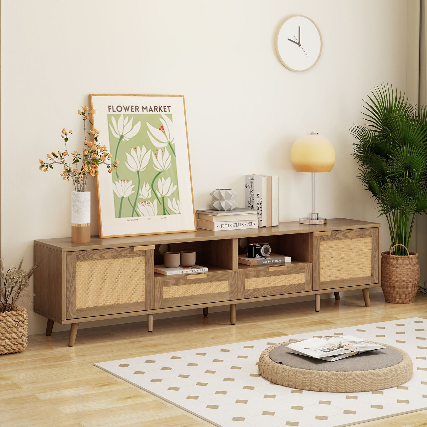 Rattan-Decorated Solid Wood TV Console Table