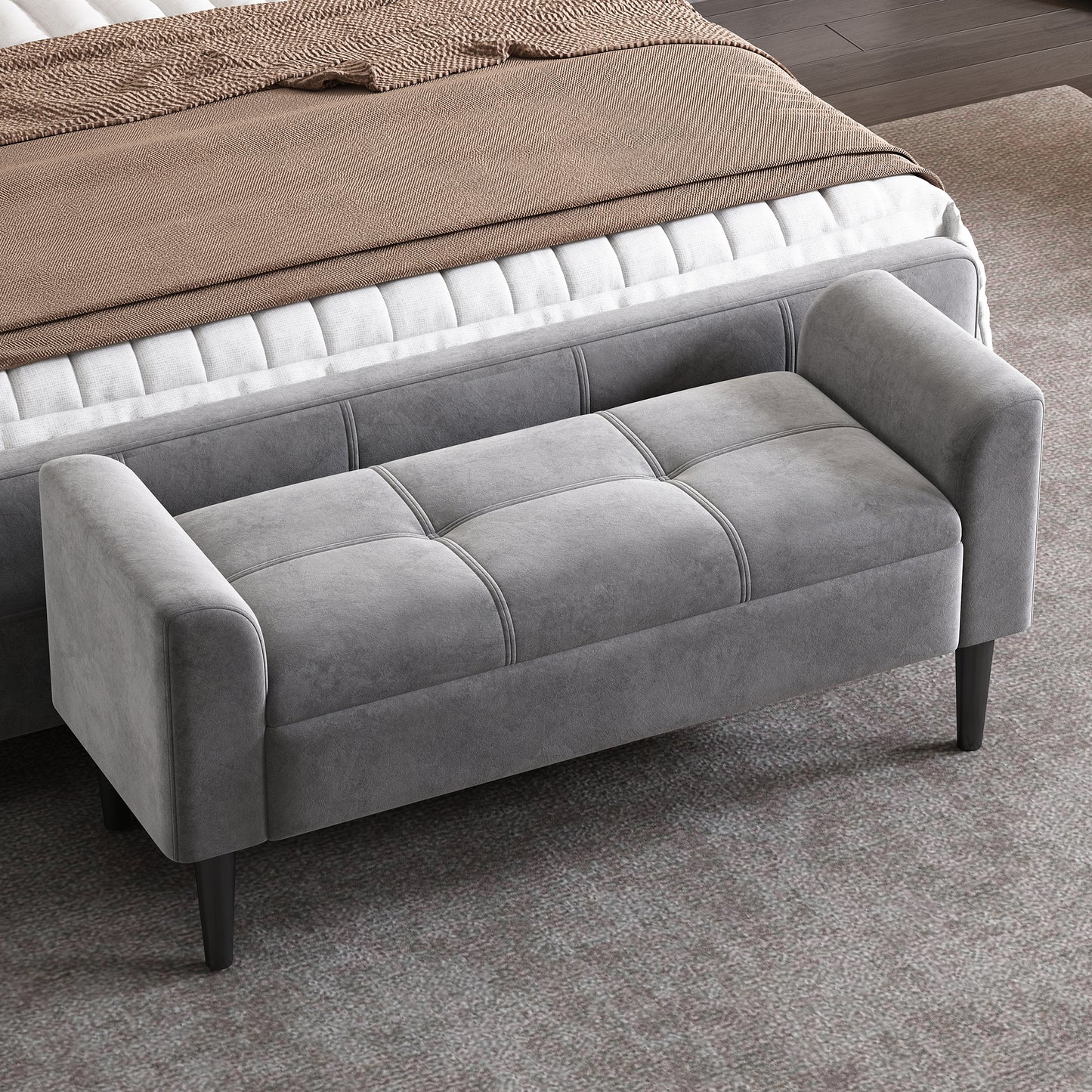 Grey Velvet Upholstered Bench with Quilted Pattern for Multi-Room Use