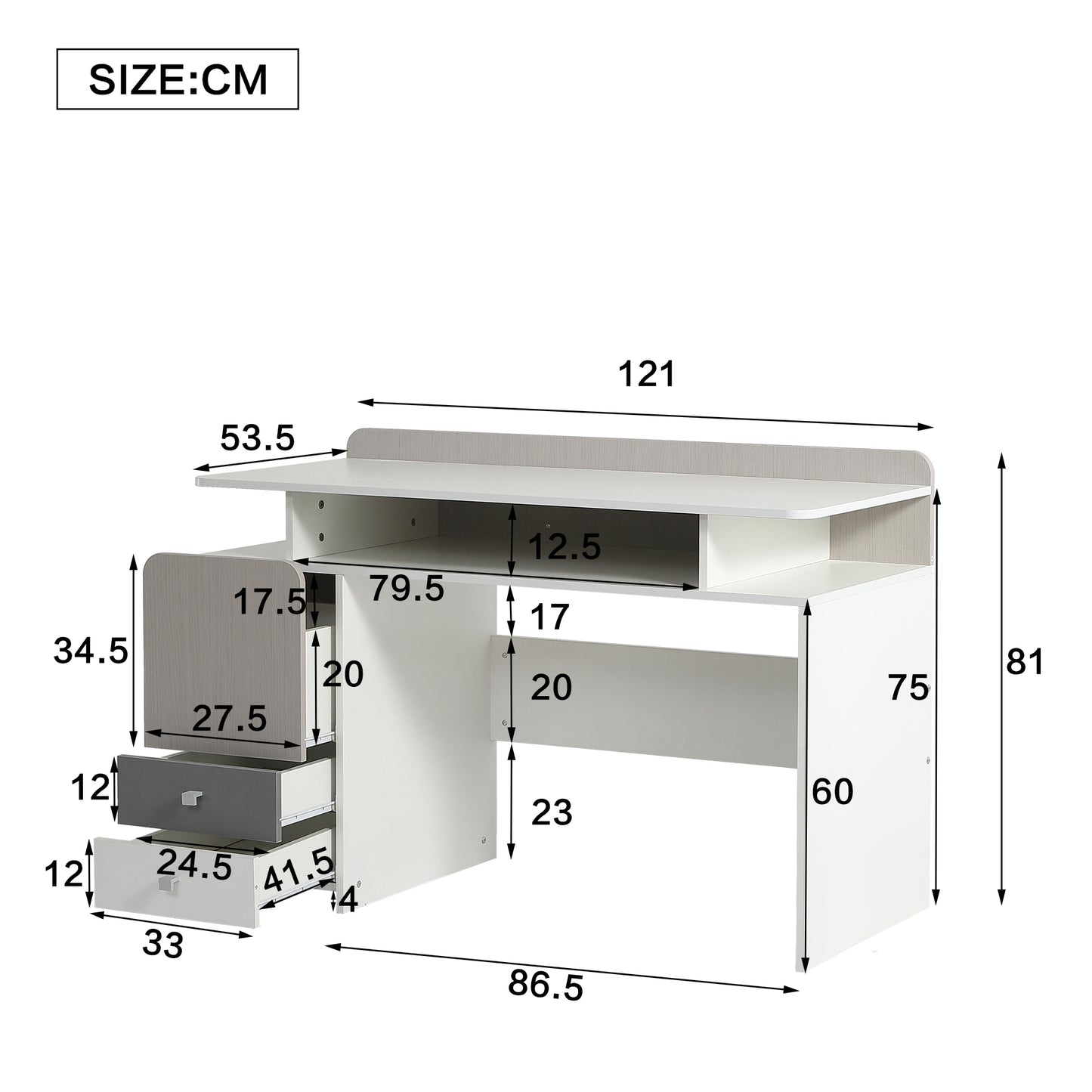 (Z)Youth Bedroom Desk - 3 Drawers with Cubby, Silent Glides, MDF, White + Light Wood Gray