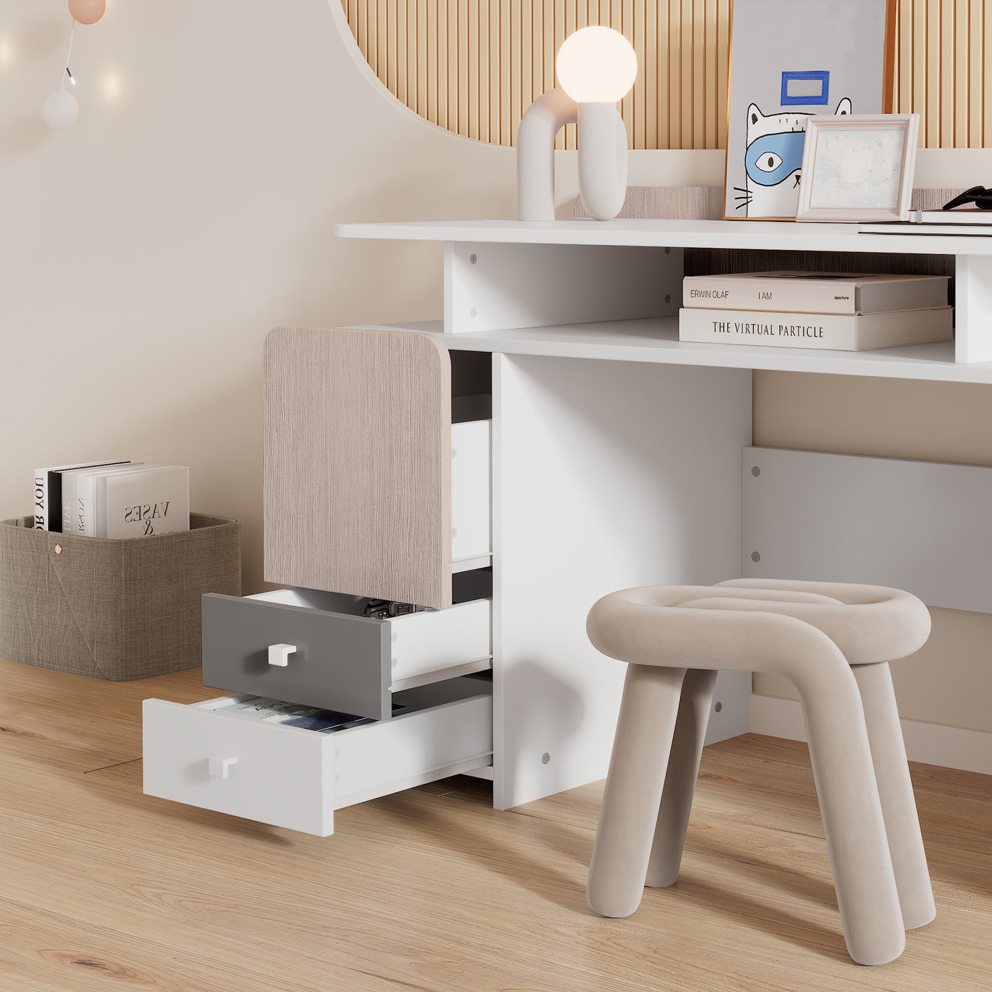 (Z)Youth Bedroom Desk - 3 Drawers with Cubby, Silent Glides, MDF, White + Light Wood Gray