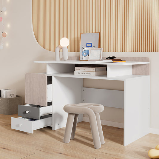 (Z)Youth Bedroom Desk - 3 Drawers with Cubby, Silent Glides, MDF, White + Light Wood Gray