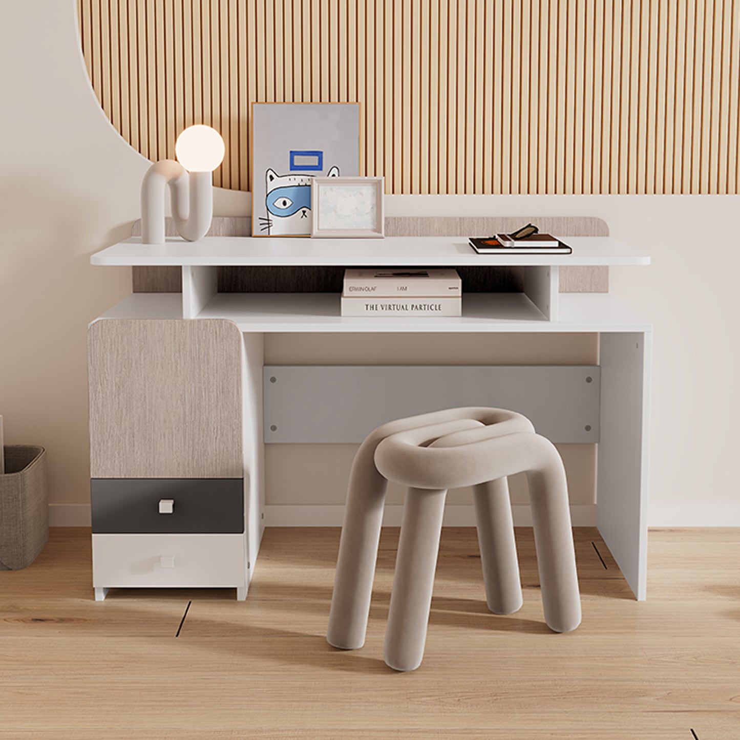 (Z)Youth Bedroom Desk - 3 Drawers with Cubby, Silent Glides, MDF, White + Light Wood Gray