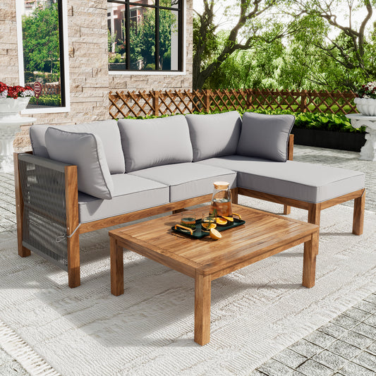 Garden Lounge Chair Set (Set of 3) with Acacia Wood Frame, Grey Rope Armrests, and Adjustable Legs