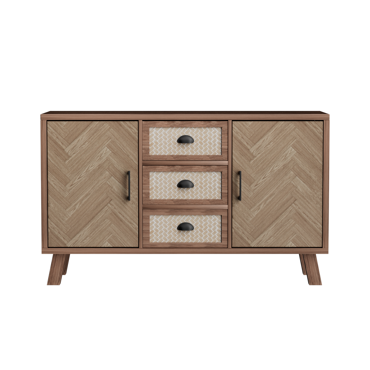 Elegant Herringbone Sideboard-Three Drawers, Two Doors, Solid Wood Legs