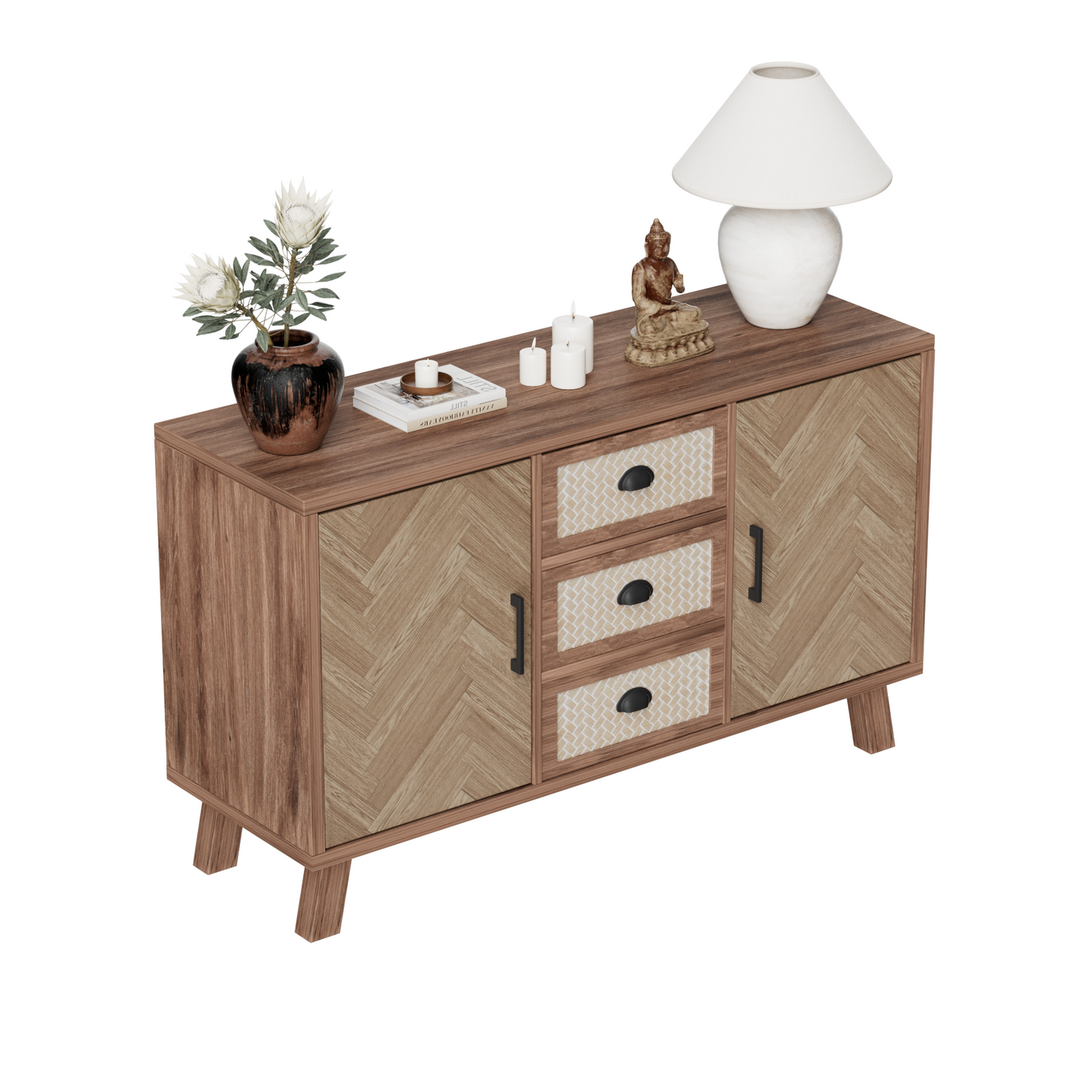 Elegant Herringbone Sideboard-Three Drawers, Two Doors, Solid Wood Legs