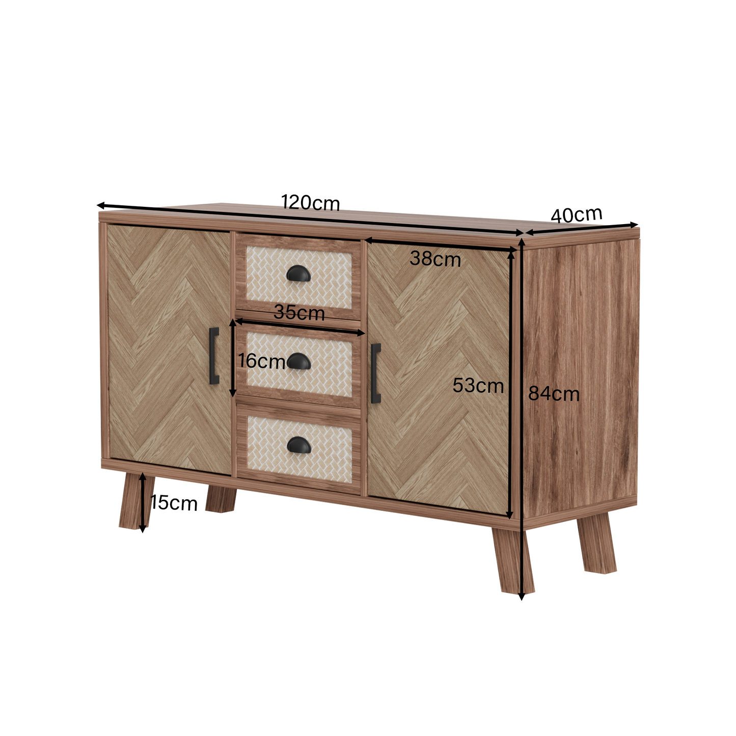 Elegant Herringbone Sideboard-Three Drawers, Two Doors, Solid Wood Legs