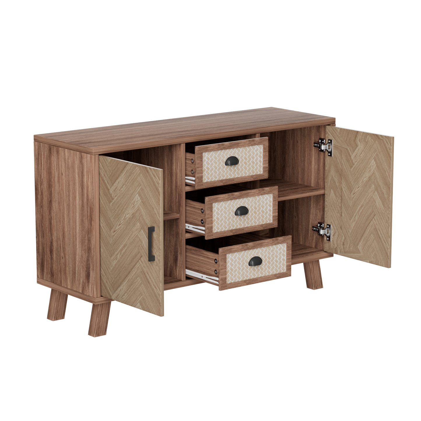 Elegant Herringbone Sideboard-Three Drawers, Two Doors, Solid Wood Legs