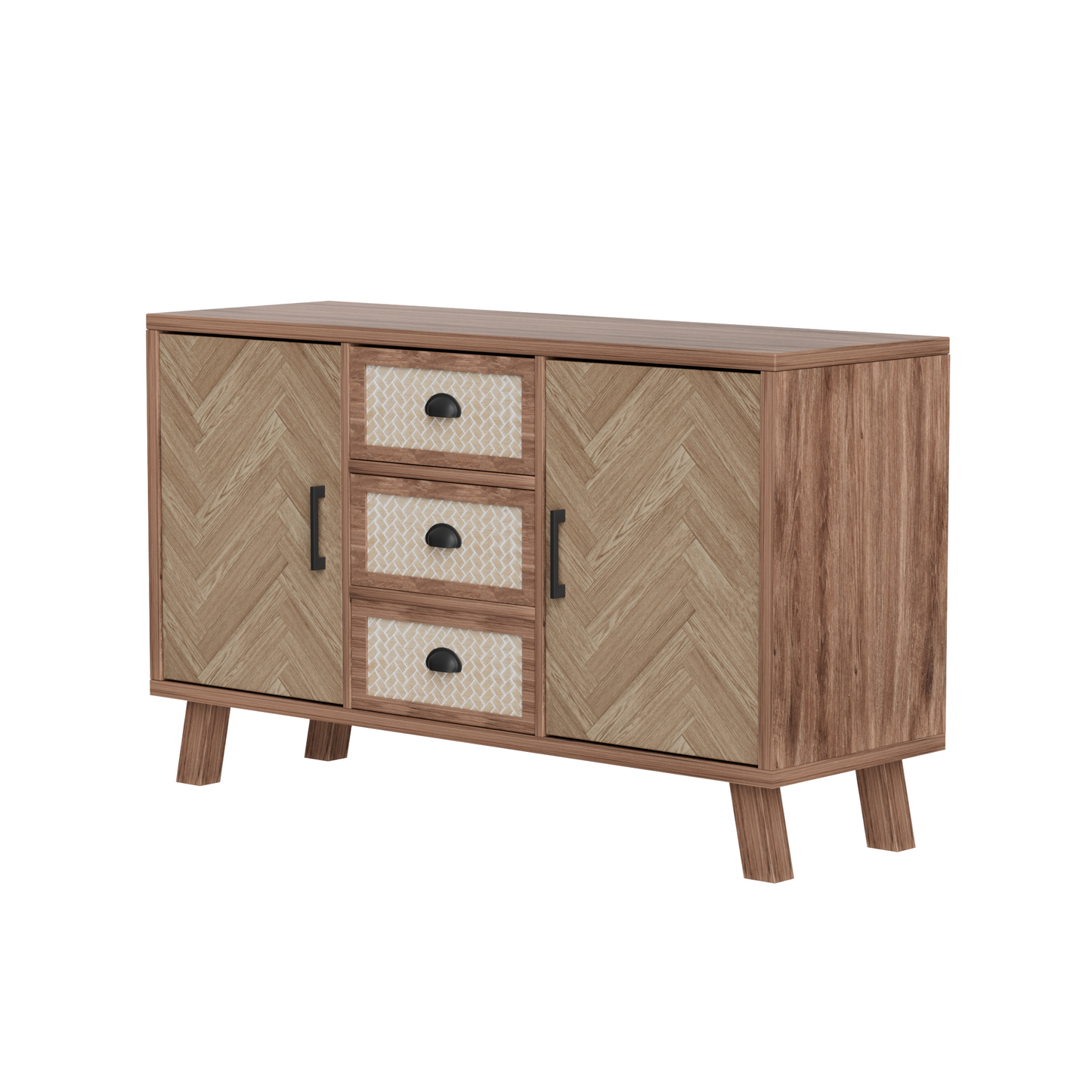 Elegant Herringbone Sideboard-Three Drawers, Two Doors, Solid Wood Legs