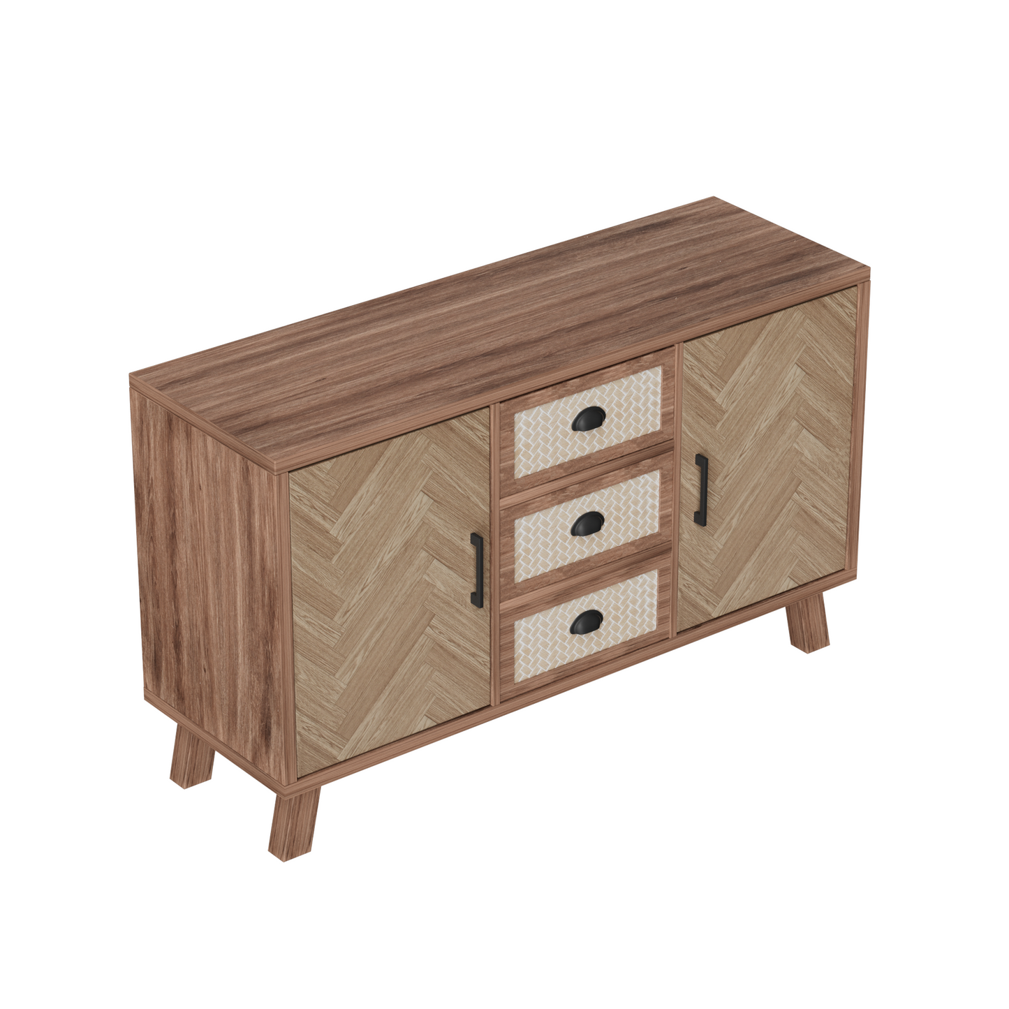 Elegant Herringbone Sideboard-Three Drawers, Two Doors, Solid Wood Legs