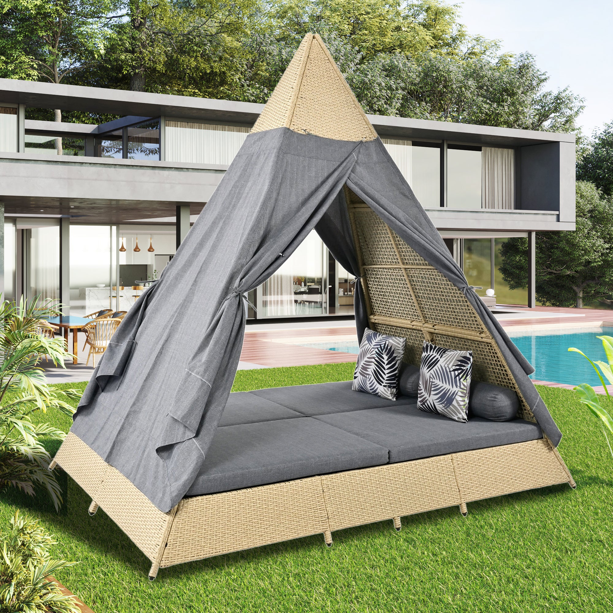 Grey  Rattan Garden Lounge Set with Tent, Grey Door Curtain, Removable & Washable Seat Cushions for 2-4 People