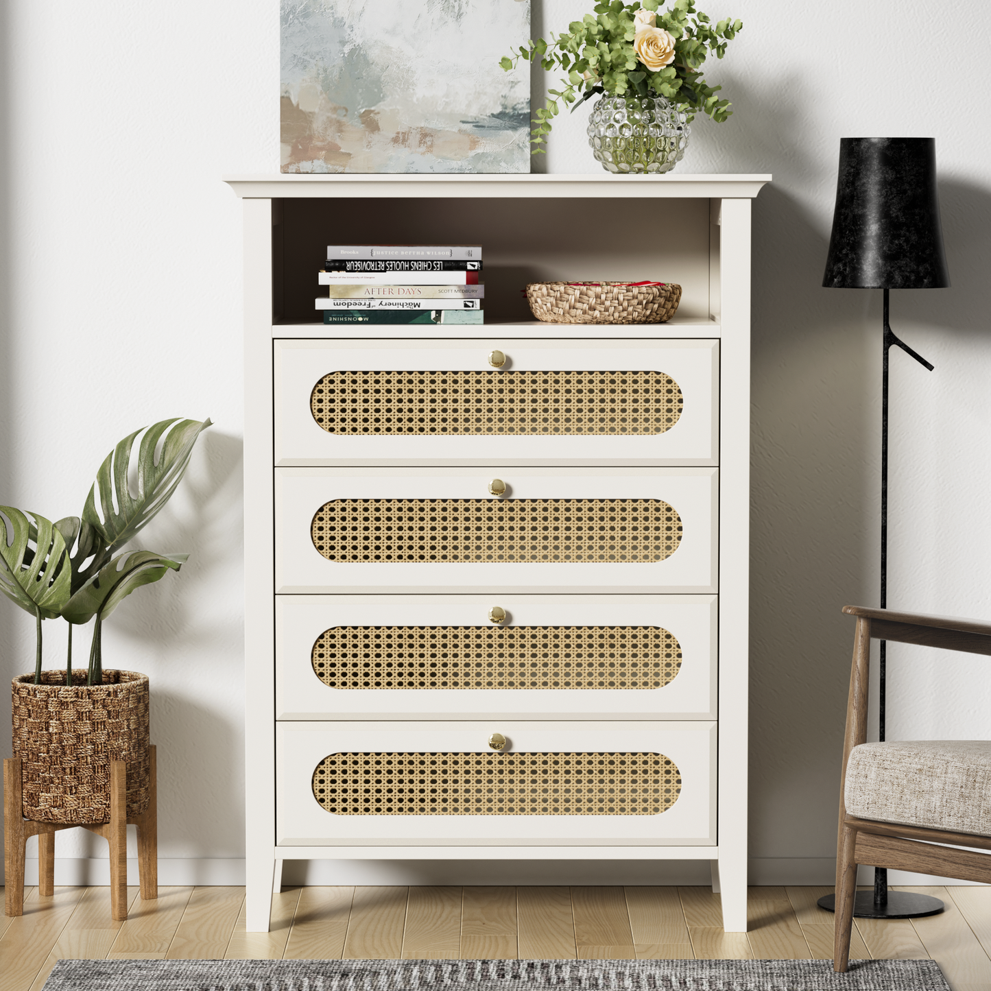 Elegant Rattan Sideboard with Solid Wood Legs and Lacquered Surface