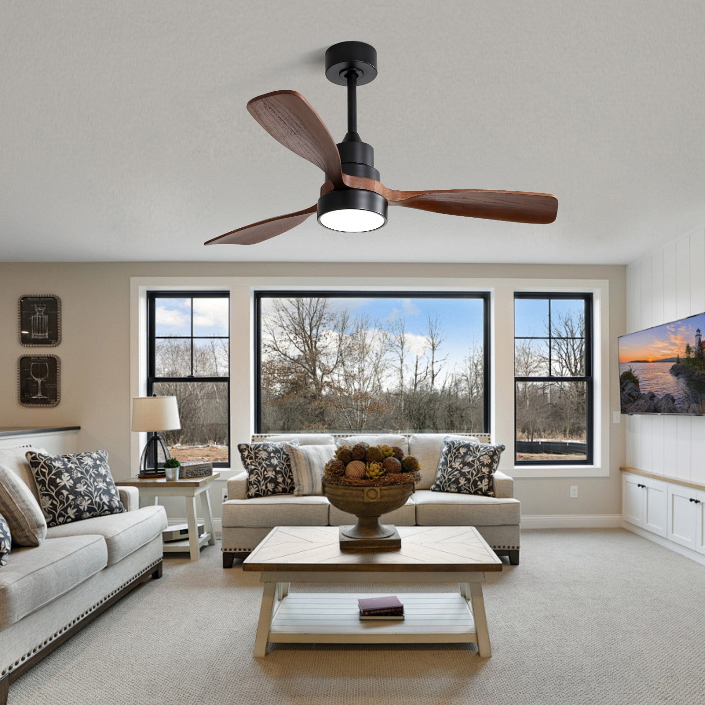 48" Wood Ceiling Fan with 3 Solid Wood Blades, Reversible DC Motor & Remote Control for Living Room