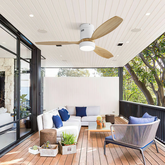 52" Flush Mount Ceiling Fan with DC Motor, 3 Solid Wood Blades, Noiseless Reversible Motor, Remote Control & Light