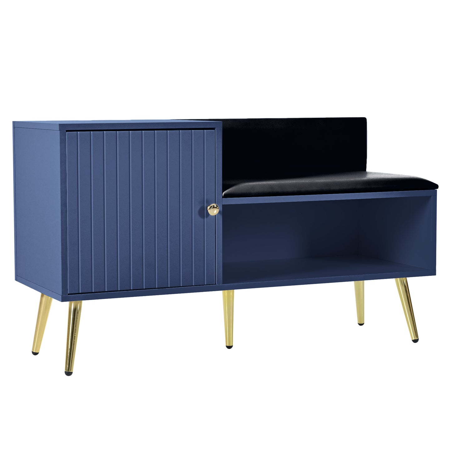 Luxurious Blue Shoe Chest with Padded Bench and Metal Accents