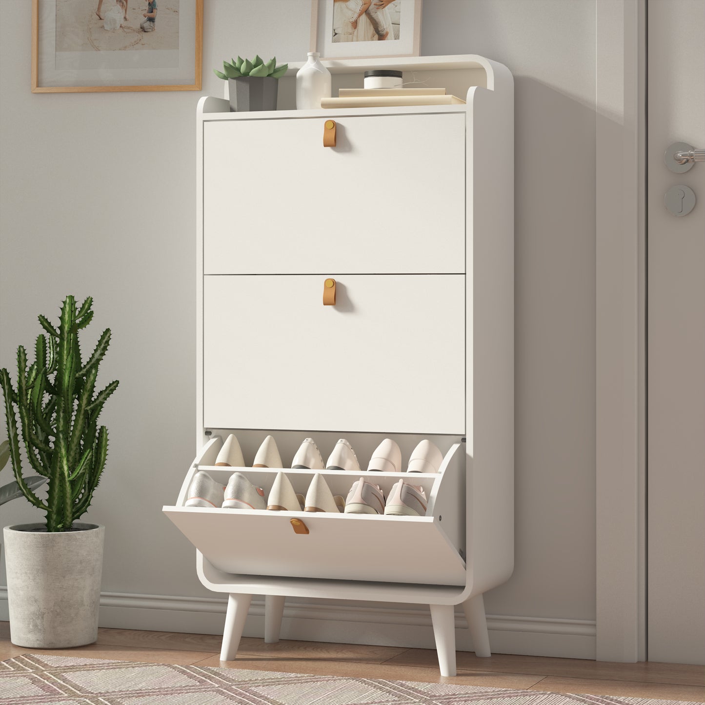 White Freestanding Shoe Storage Cabinet with 3 Folding Drawers, Tilting Organizer & Top Compartment for Entryway