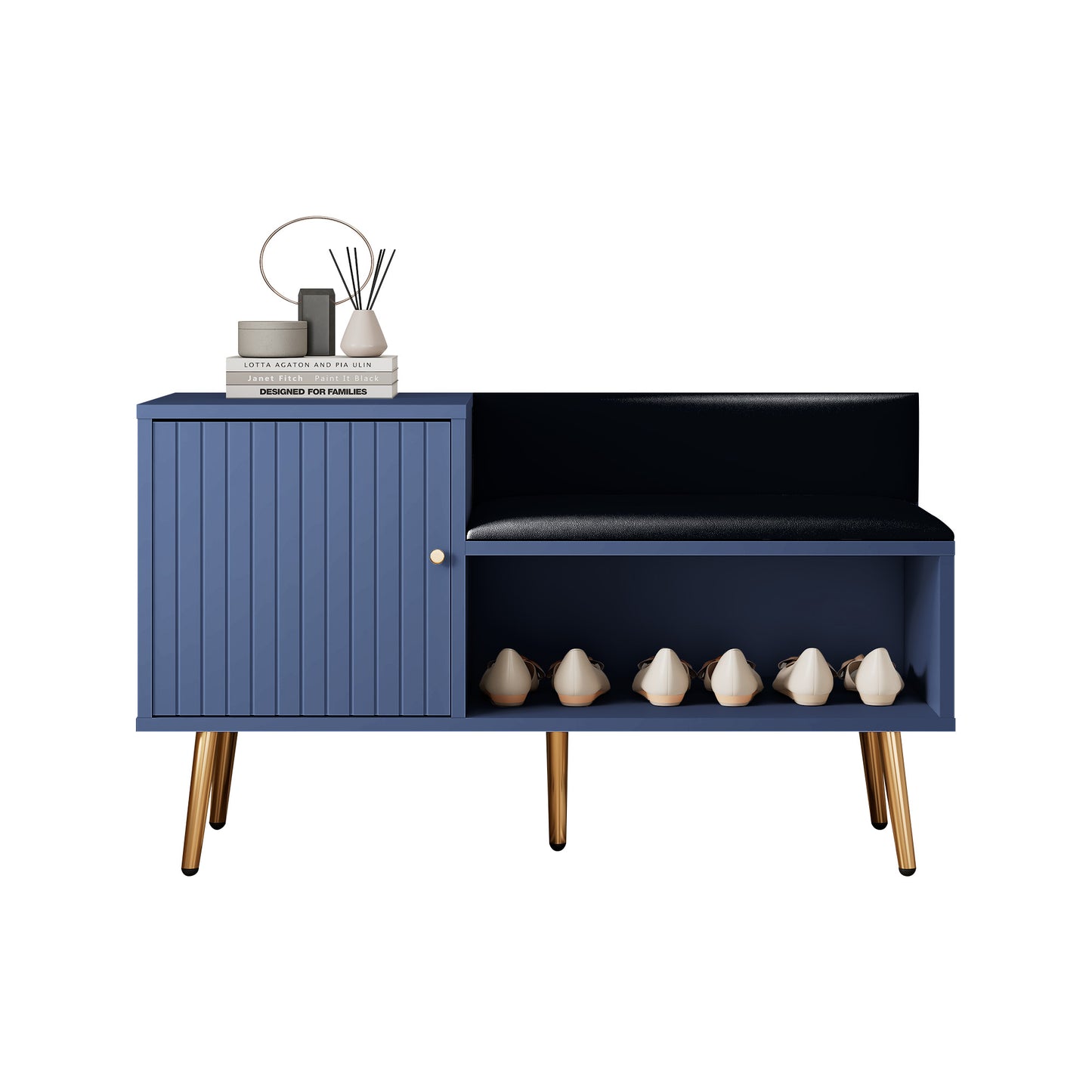 Luxurious Blue Shoe Chest with Padded Bench and Metal Accents