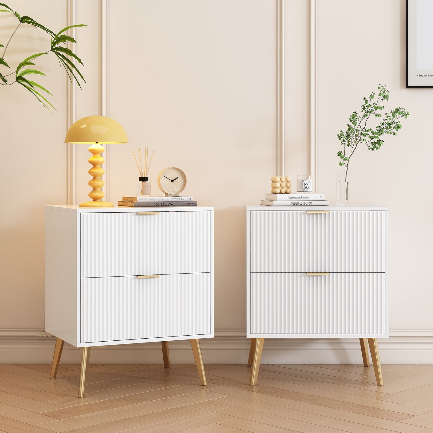 White Lacquered Double Drawer Bedside Table with Gold-Plated Feet and Knobs