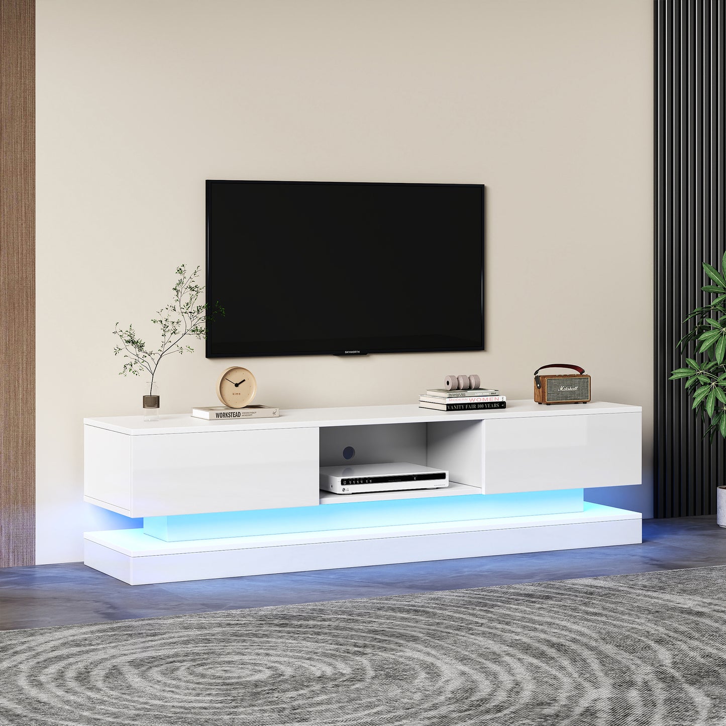 160cm  High Gloss TV Cabinet with LED Lighting and 2 Drawers