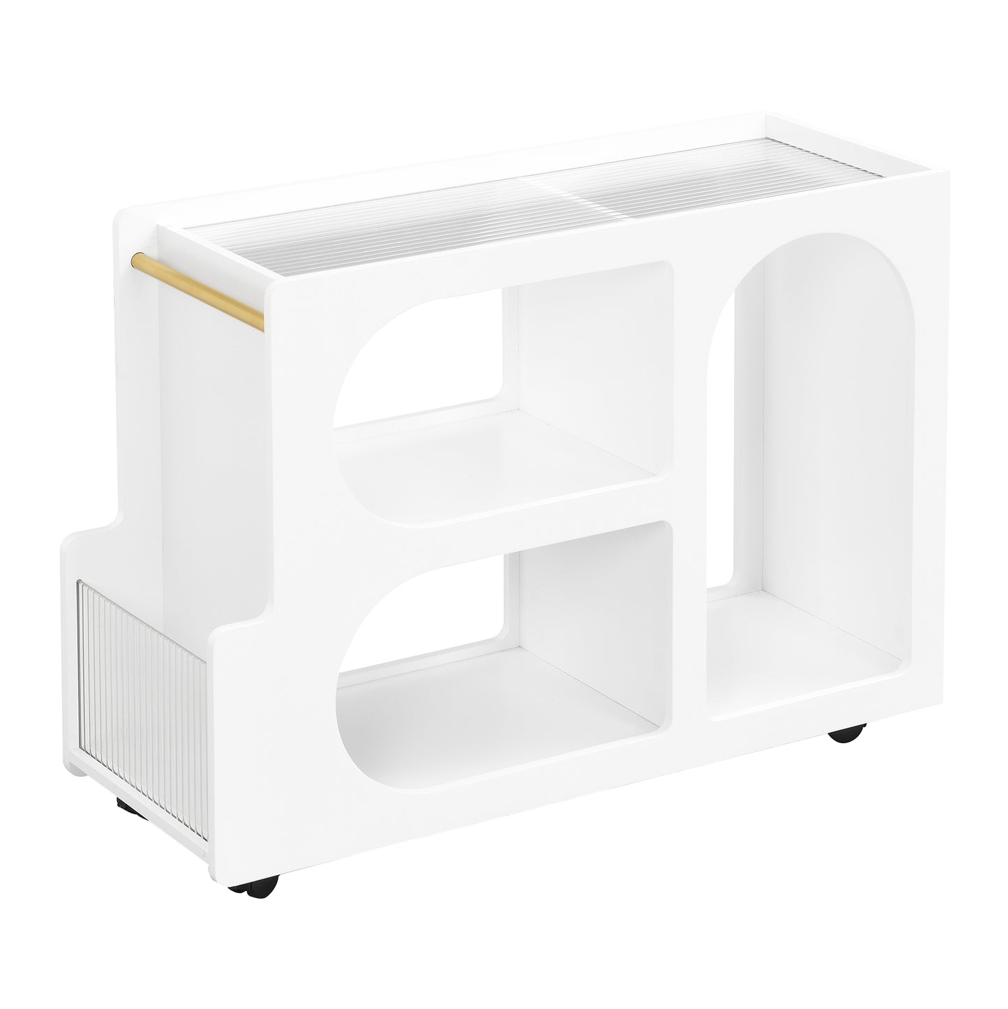 Elegant White Living Room Furniture Set - Lockable Side Table, Ribbed Glass Coffee Table, Golden Modern Bedside Table