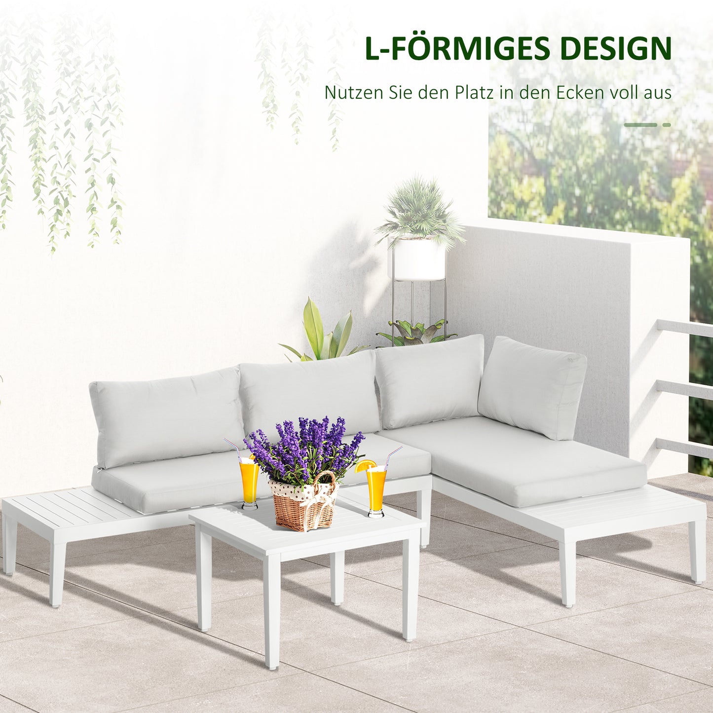 Three-piece L-shaped garden furniture set with side table and cushions, cream white aluminium, for balconies and terraces