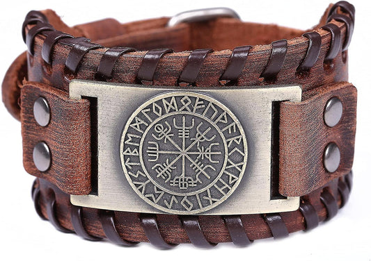 (Y)Campass Wide Leather Bracelets, Nordic Runes Vintage Jewelry