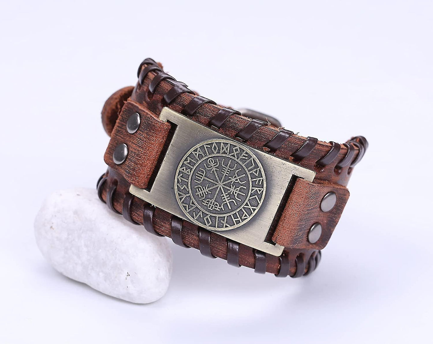 (Y)Campass Wide Leather Bracelets, Nordic Runes Vintage Jewelry