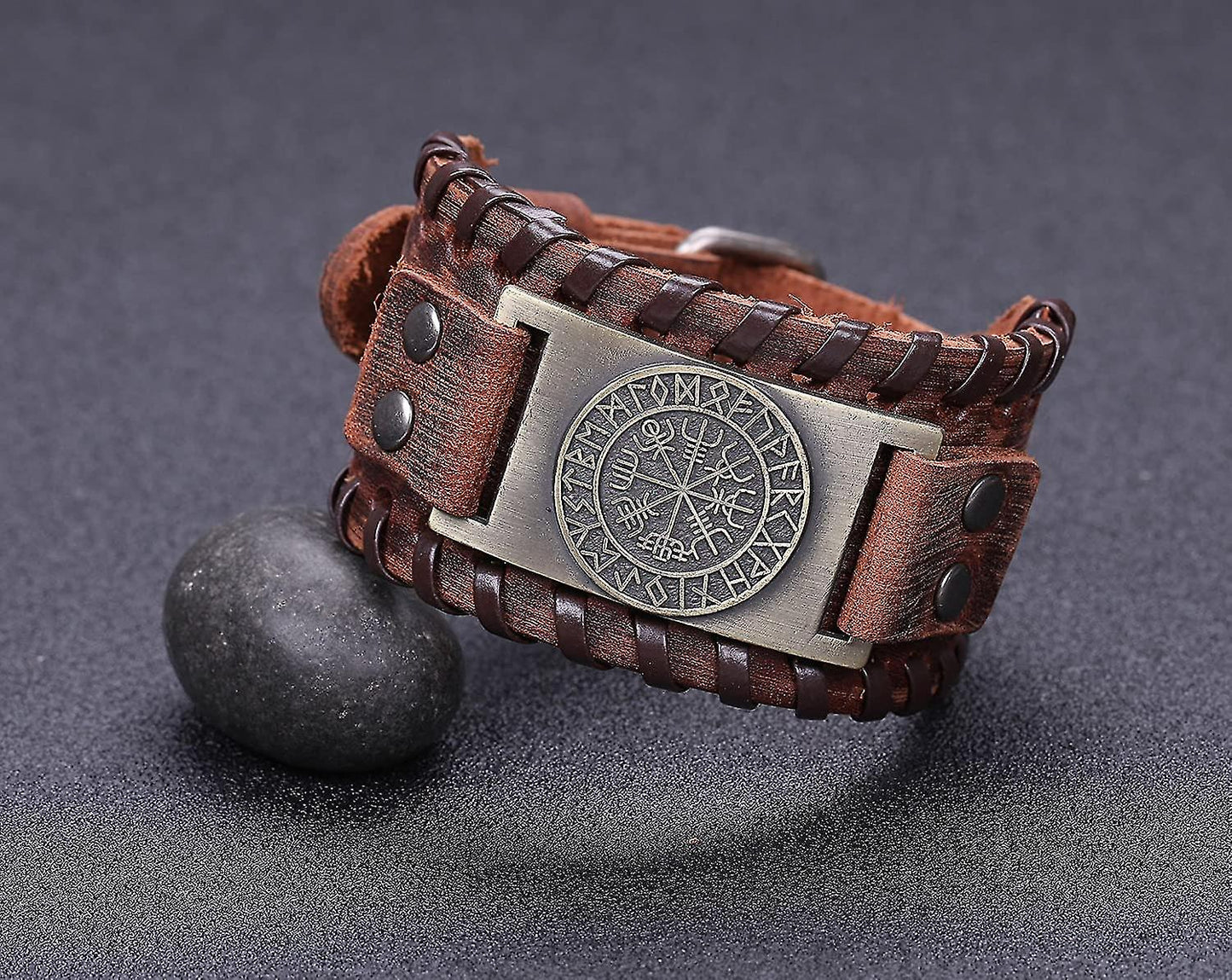 (Y)Campass Wide Leather Bracelets, Nordic Runes Vintage Jewelry