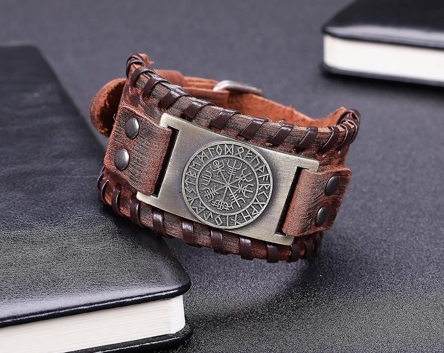 (Y)Campass Wide Leather Bracelets, Nordic Runes Vintage Jewelry