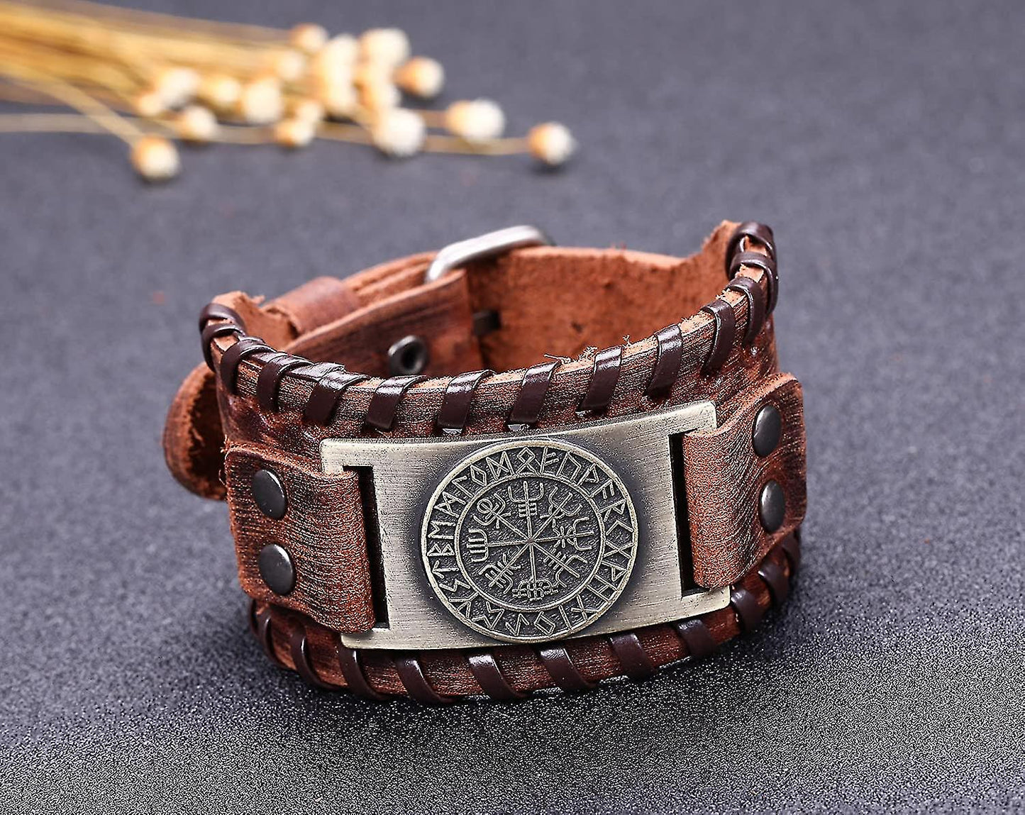 (Y)Campass Wide Leather Bracelets, Nordic Runes Vintage Jewelry