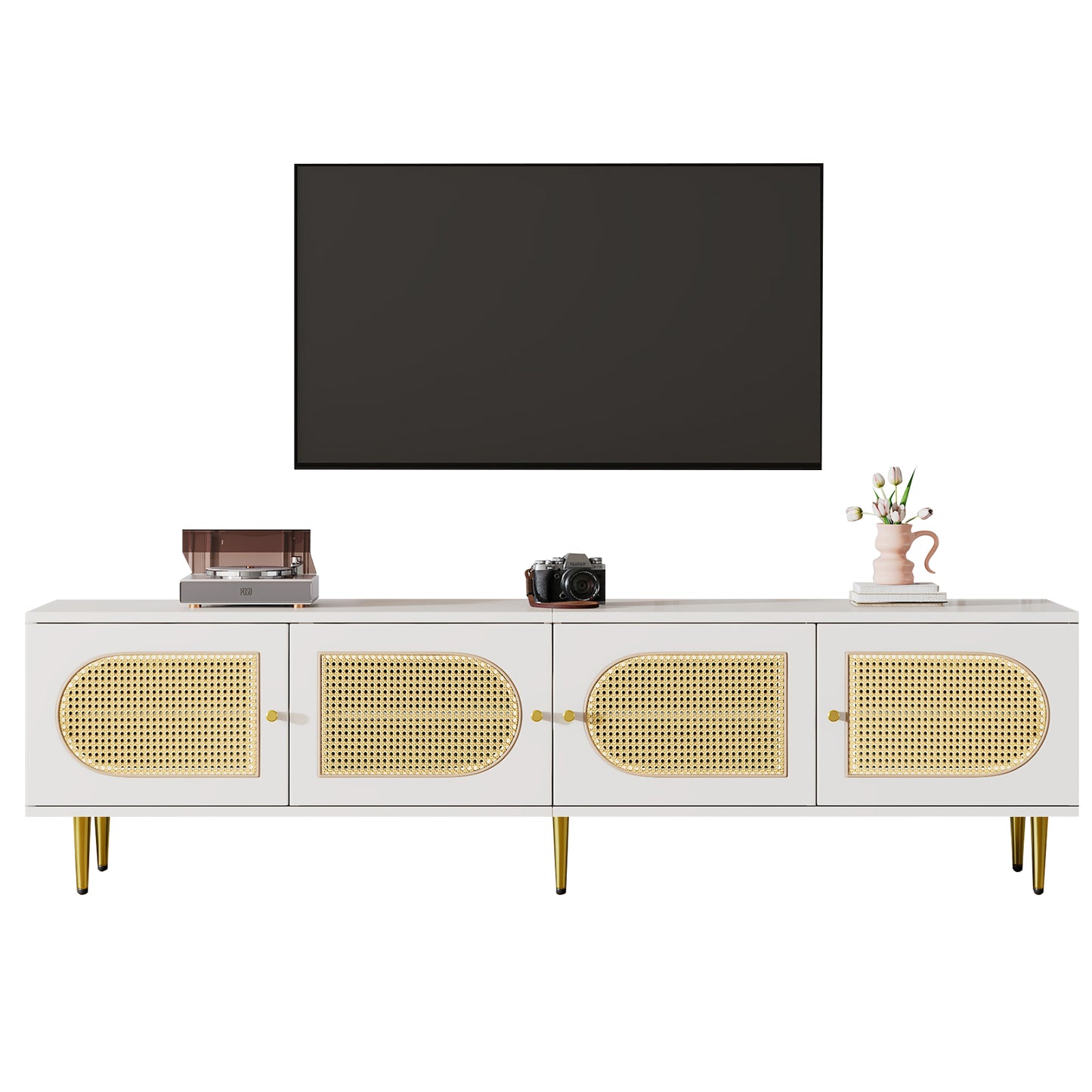 180x40x50 cm White Rattan TV Cabinet - 4 Doors, Adjustable Shelves, Cable Mgmt