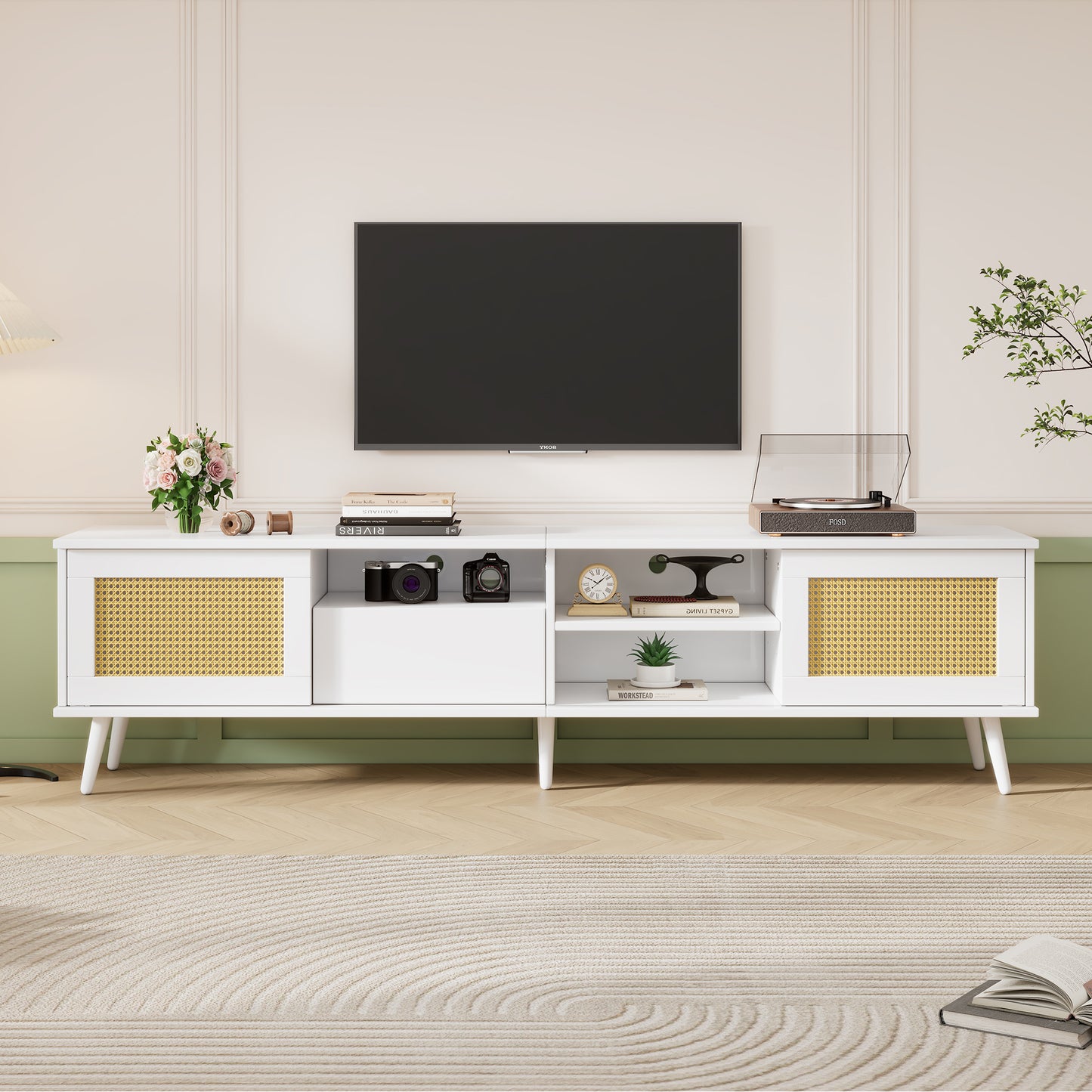 White Rattan 200cm TV Stand for 90 inches TVs with Storage and LED Lighting