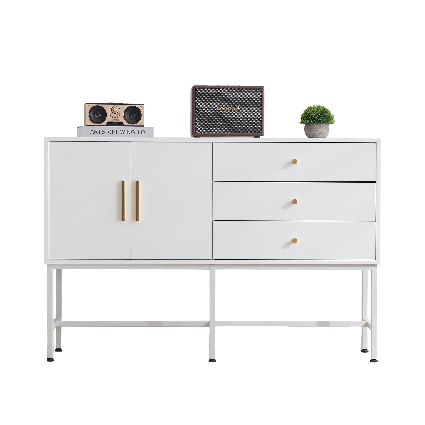 Elegant White Sideboard Cabinet with 2 Doors & 3 Drawers, Gold Handles, Metal Feet, 120cm Wide