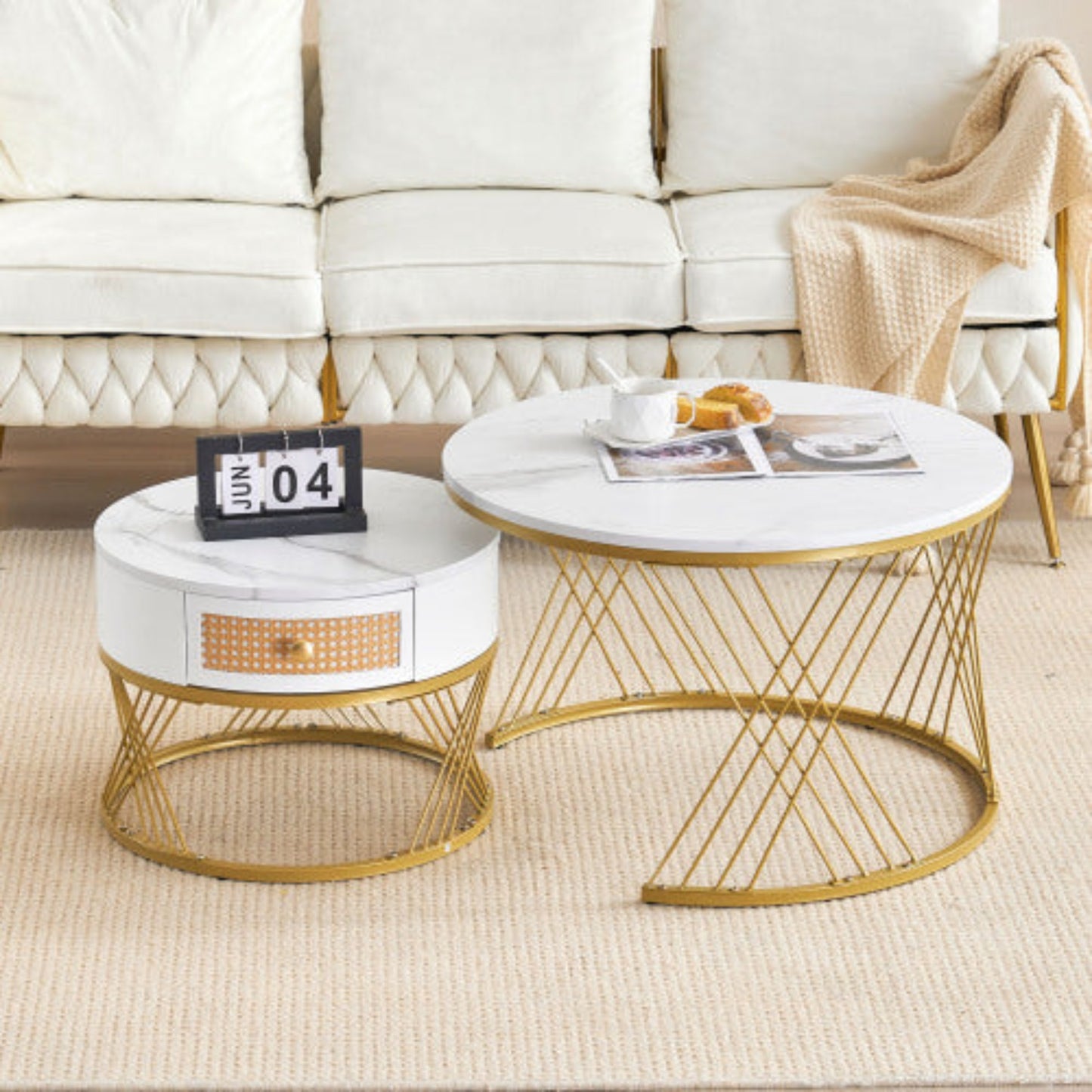 Elegant 2-Piece White Coffee Table Set- Marble Texture, Plastic Rattan Drawers, Gold Accents