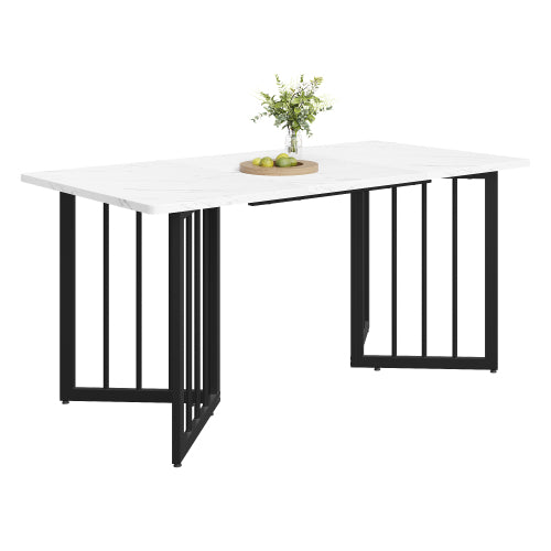 (p) Modern Marble Table-Sleek White, V-Shaped Metal Legs, Adjustable Feet, Black Accents