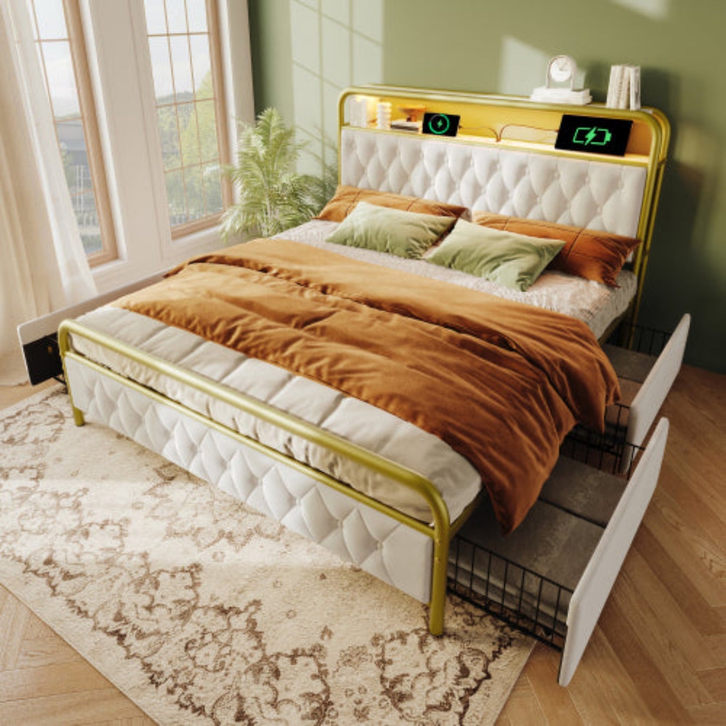 Double Upholstered Bed with USB Charging, APP-Controlled LED, Metal Frame, Velvet, 4 Drawers